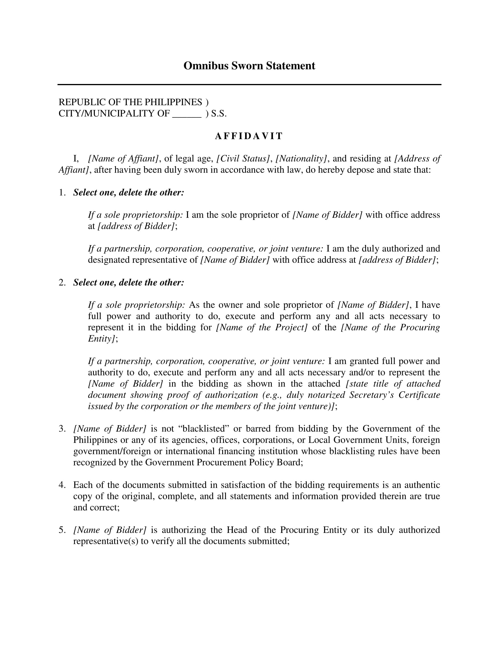 official omnibus sworn statement form 1