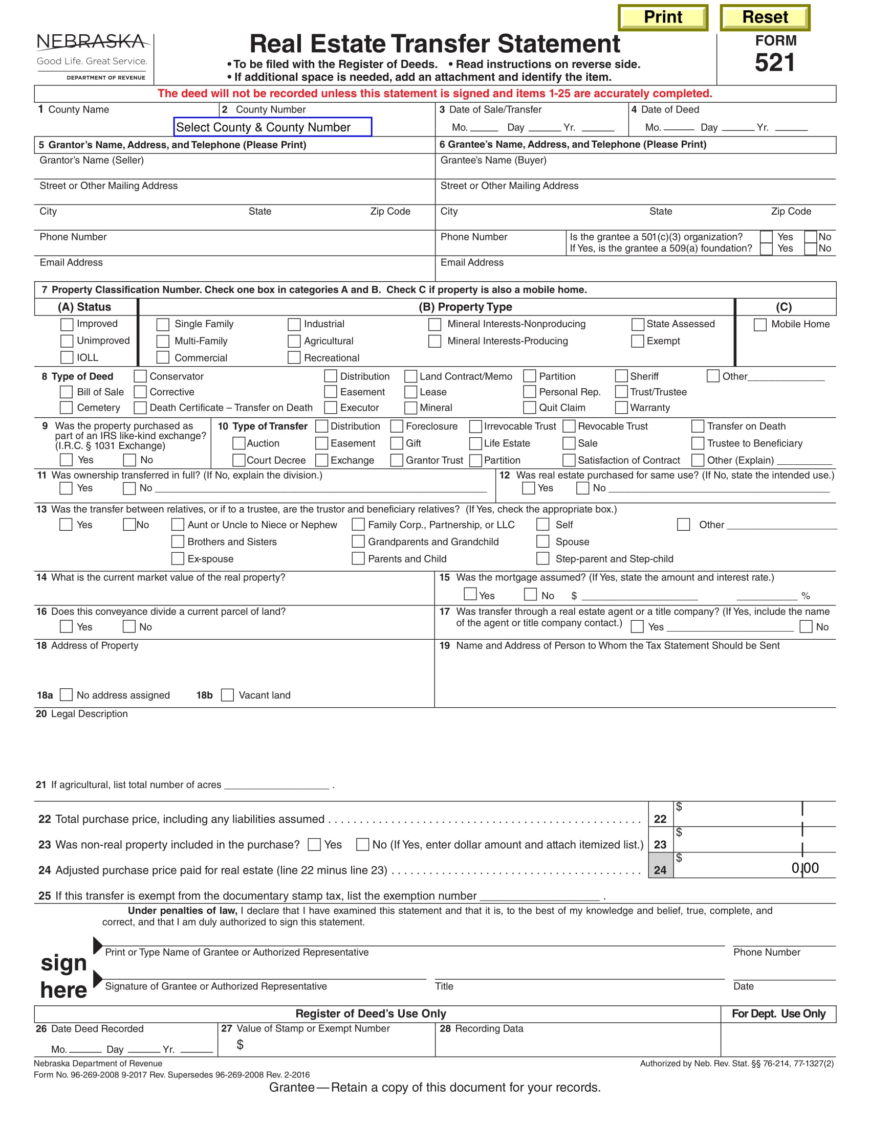 official real estate transfer statement form 1