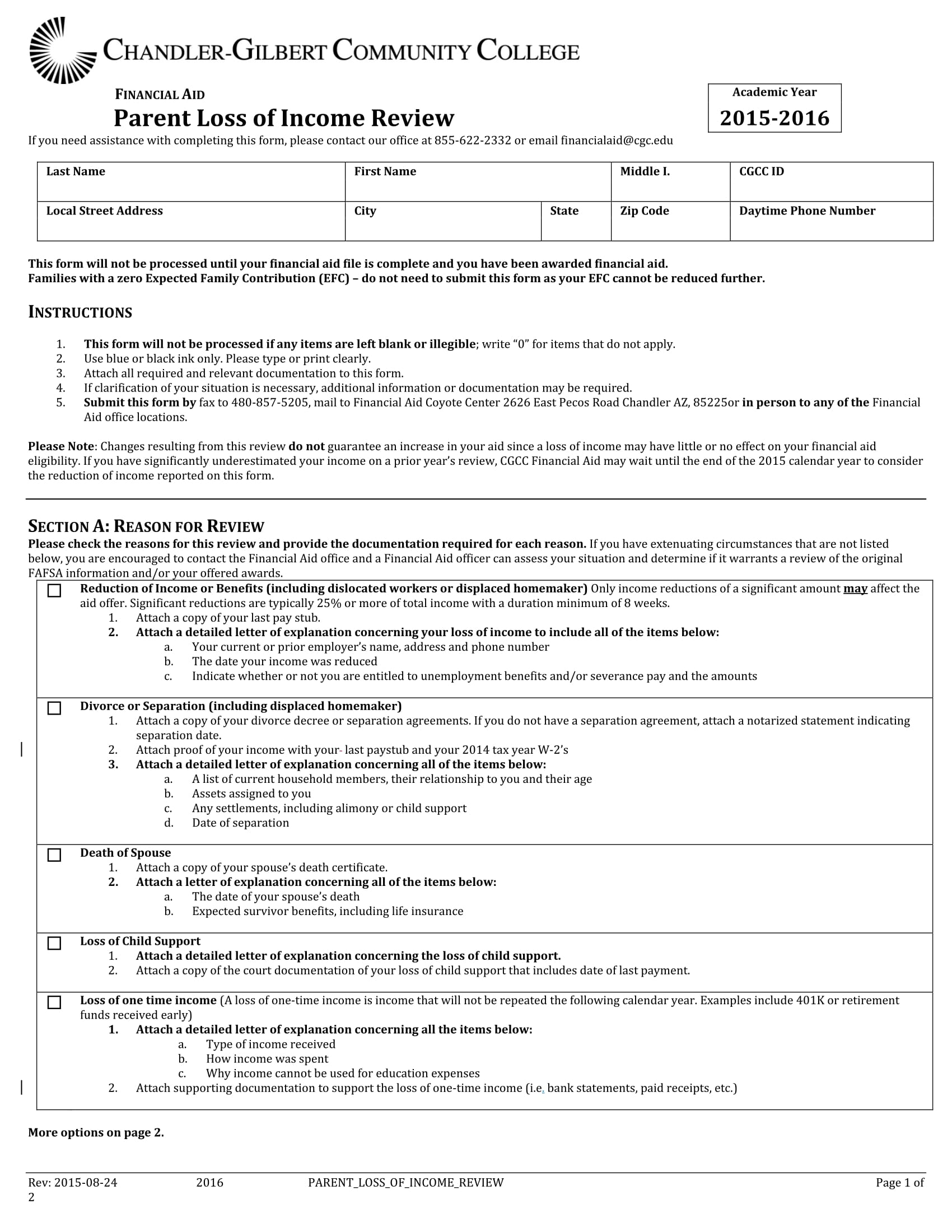 parent loss of income review form 1