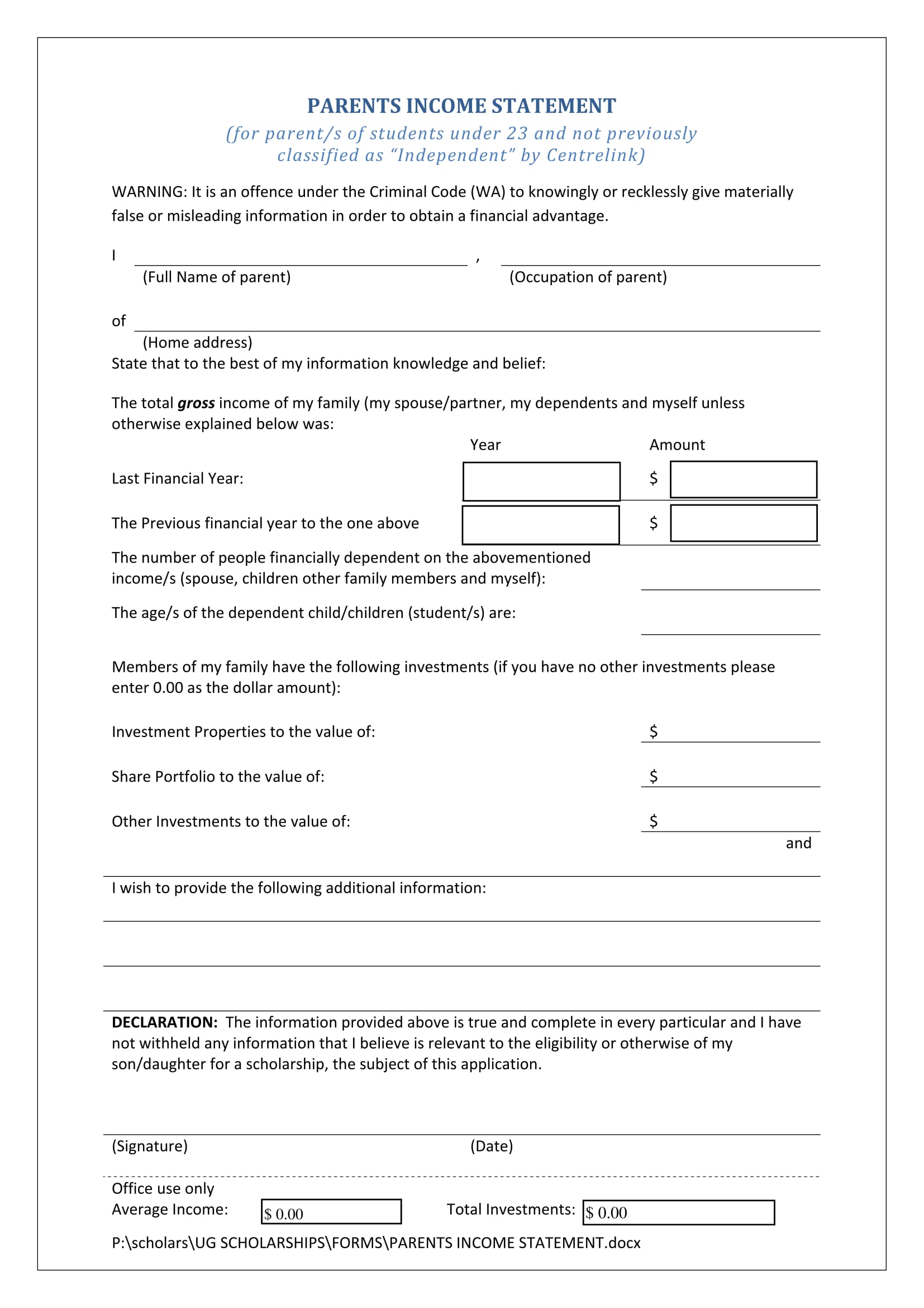 parents income statement form 1