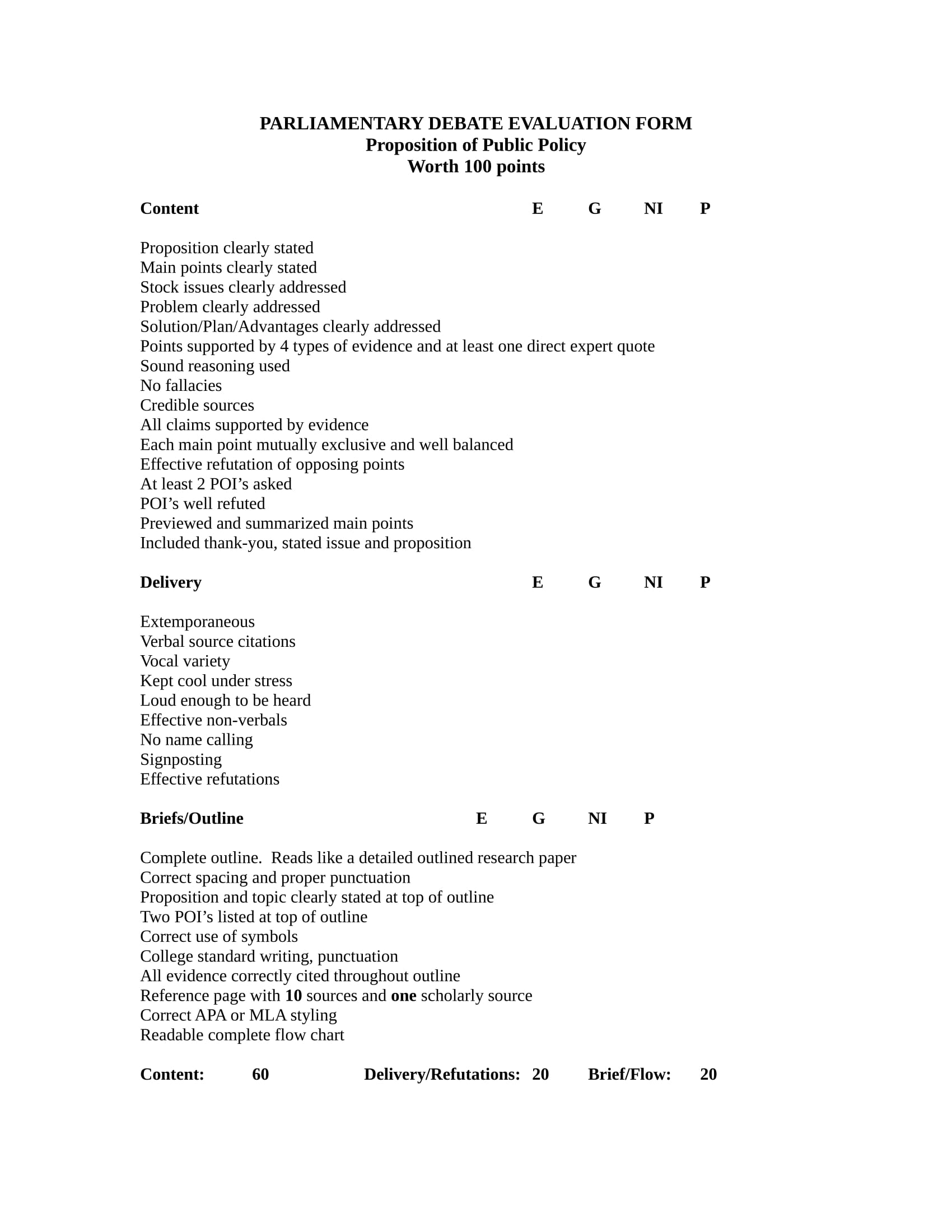 parliamentary debate evaluation form 1