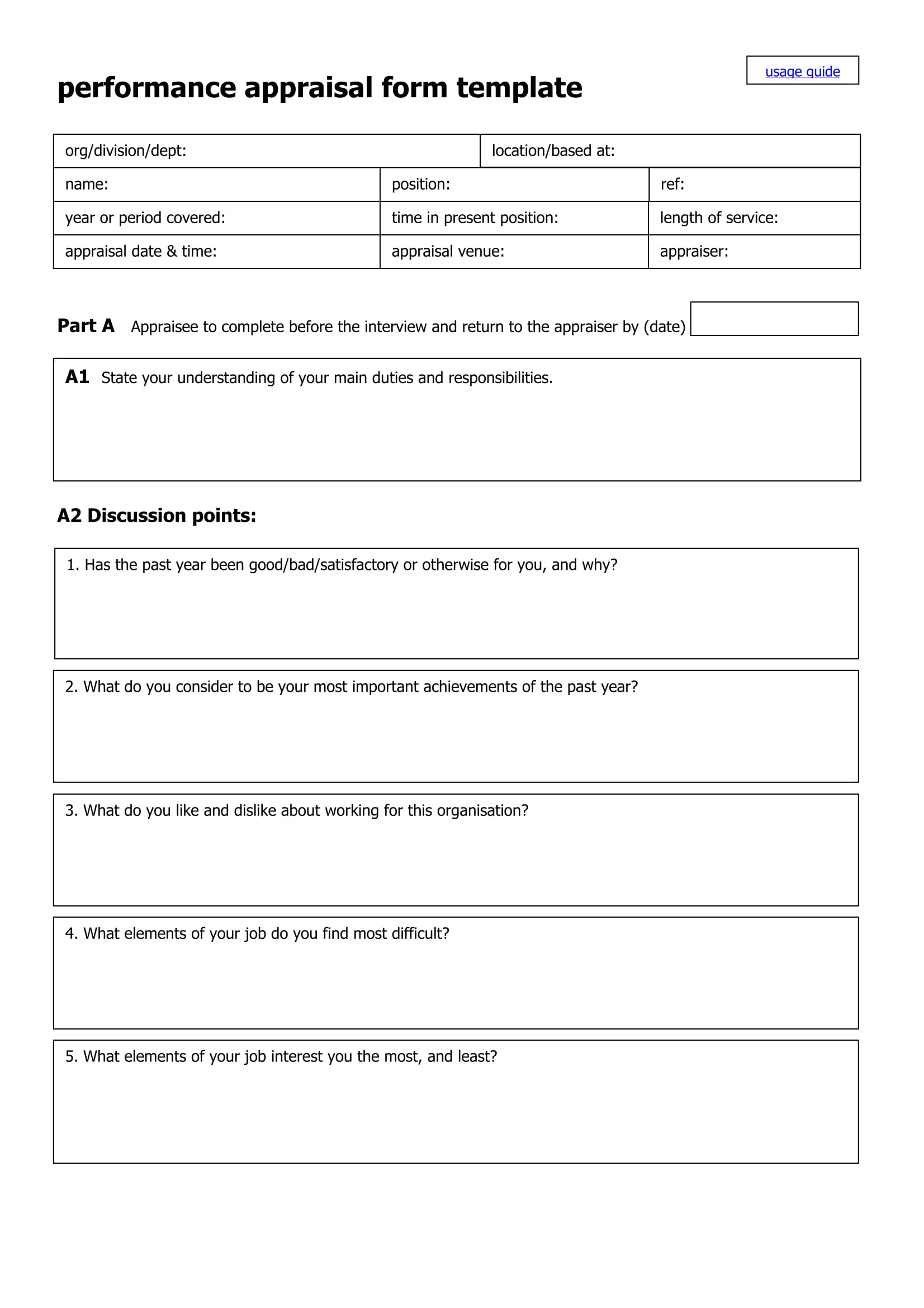 performance appraisal form template 1