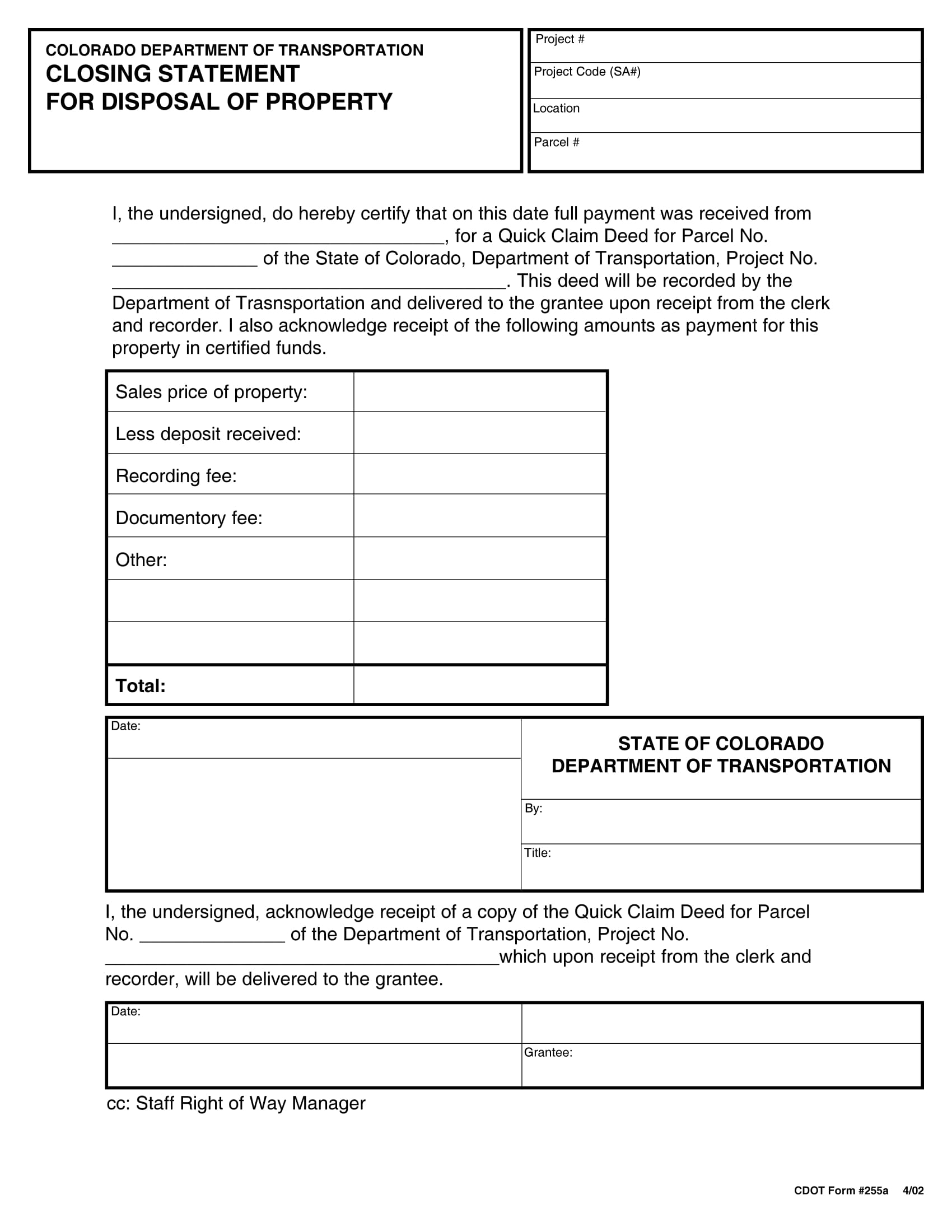 property disposal closing statement form 1