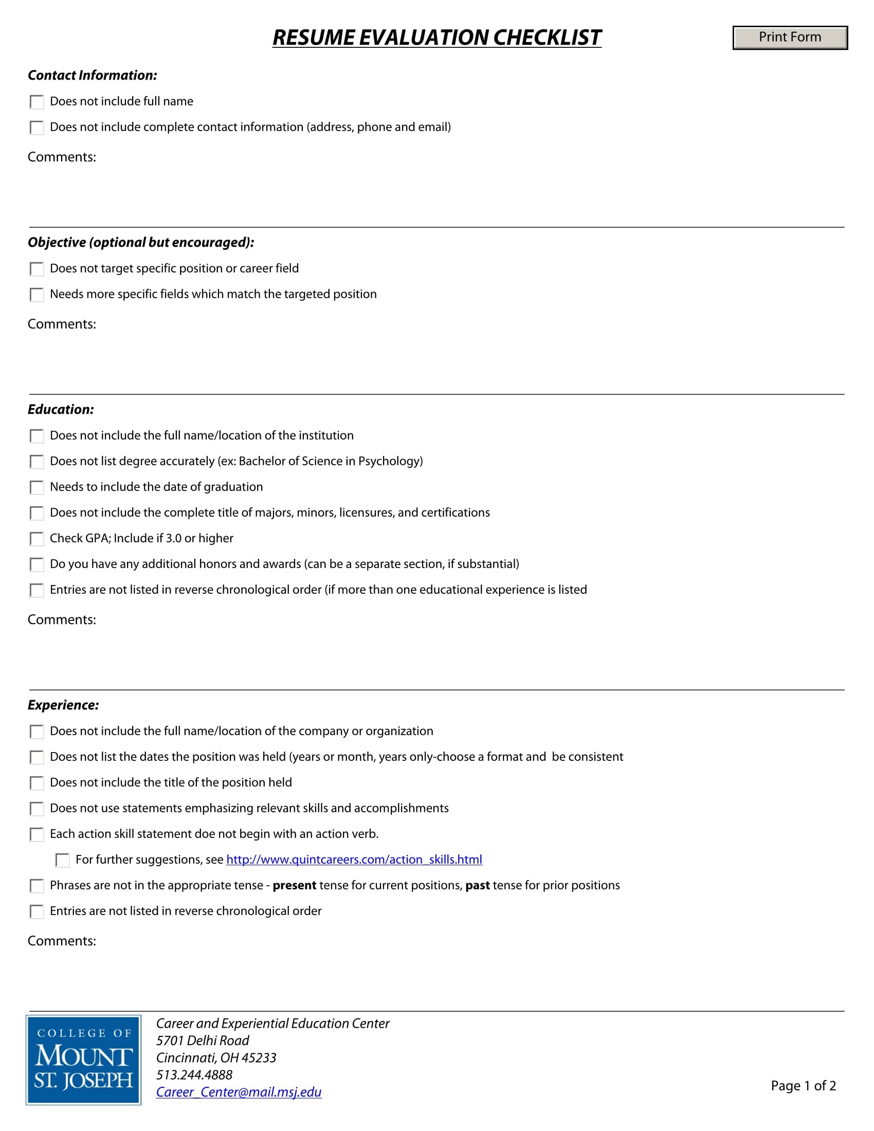 resume evaluation checklist form 1