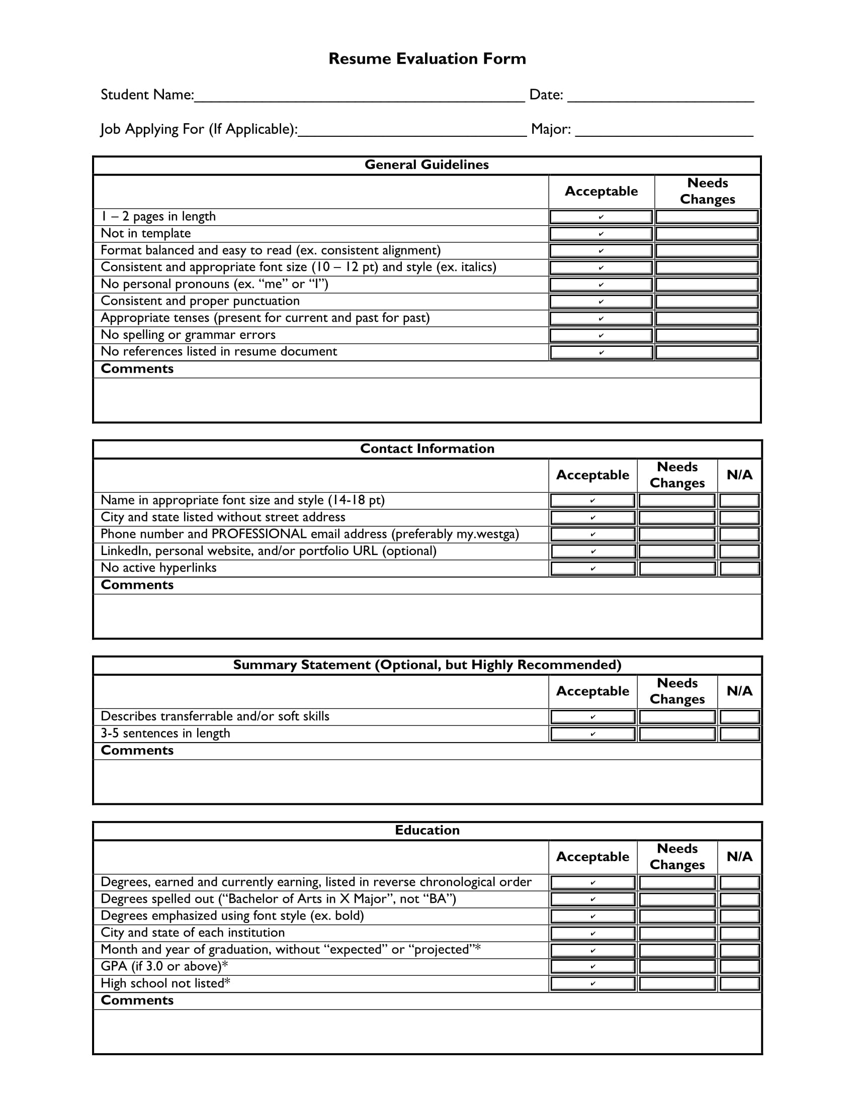 Resume Evaluation Template