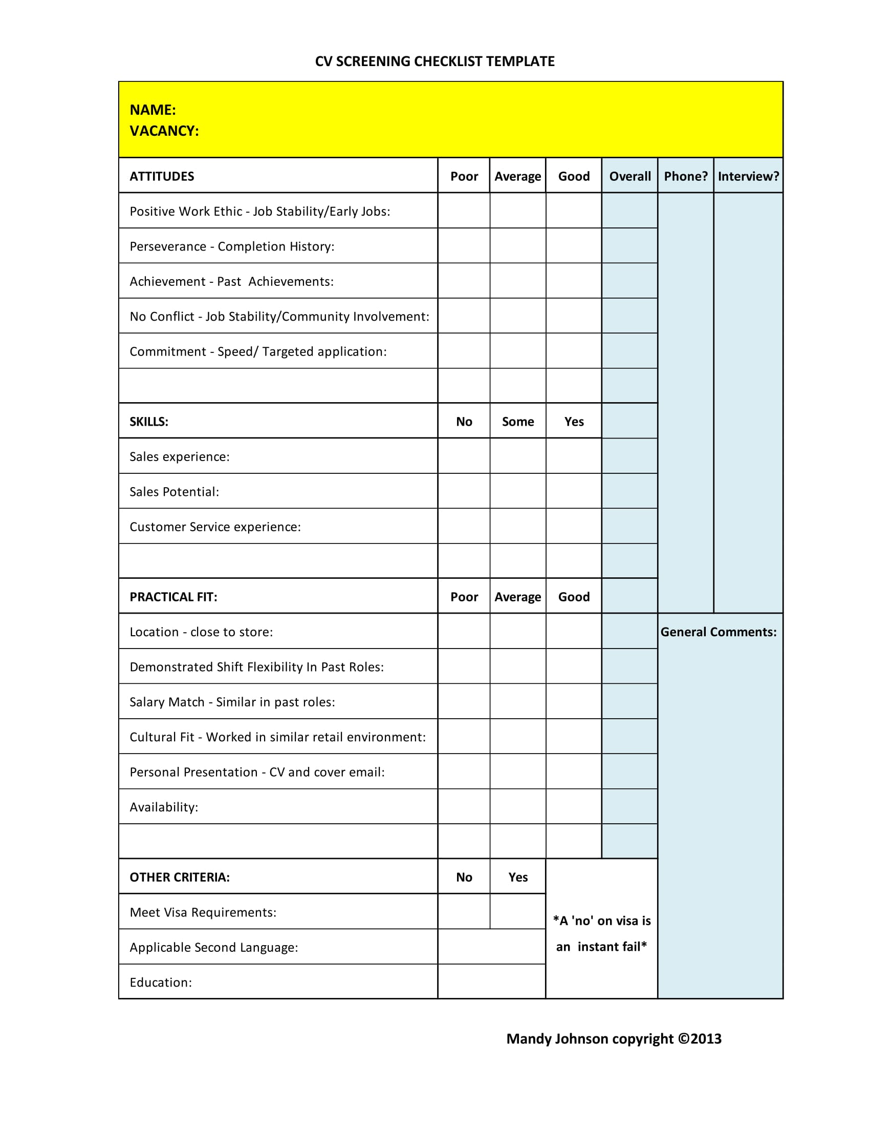 resume screening evaluation template 1