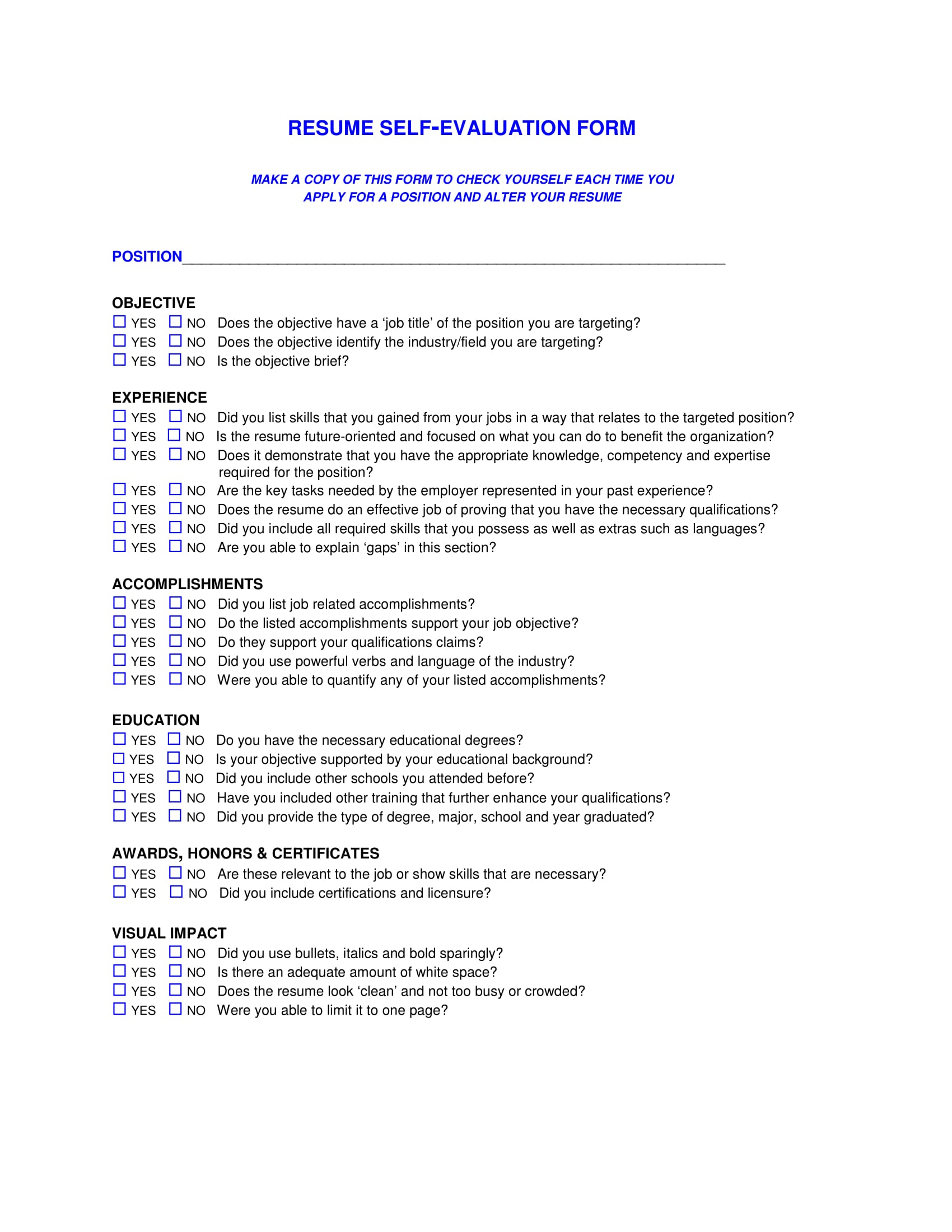 resume self evaluation form 1