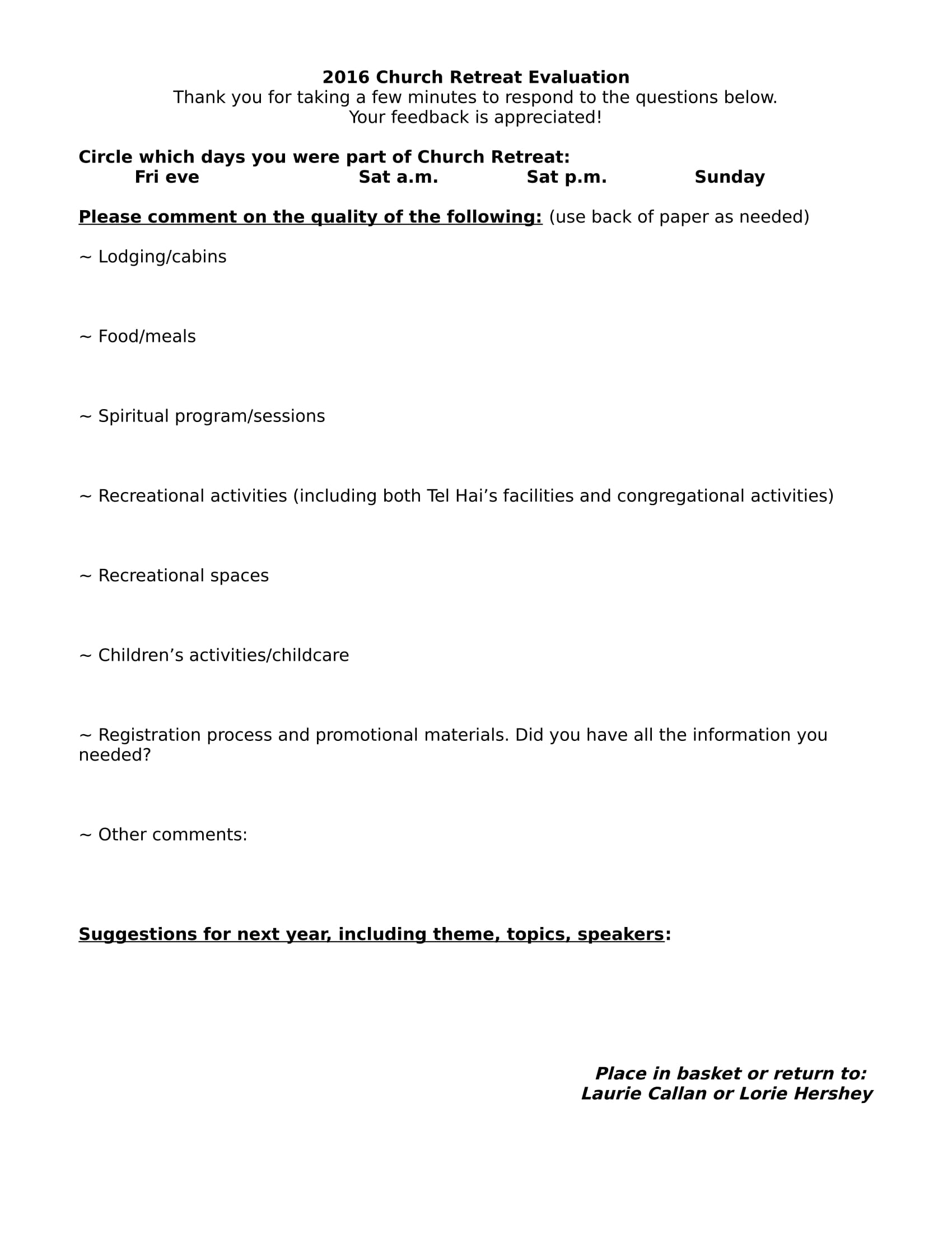 retreat evaluation form sample 1