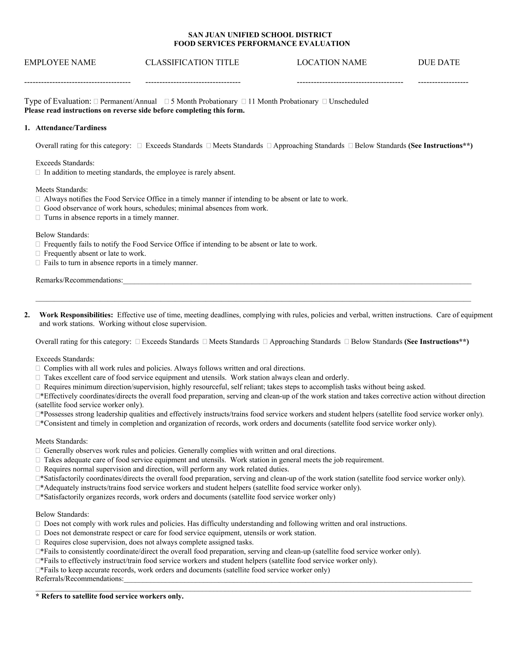 school food service performance evaluation form 1