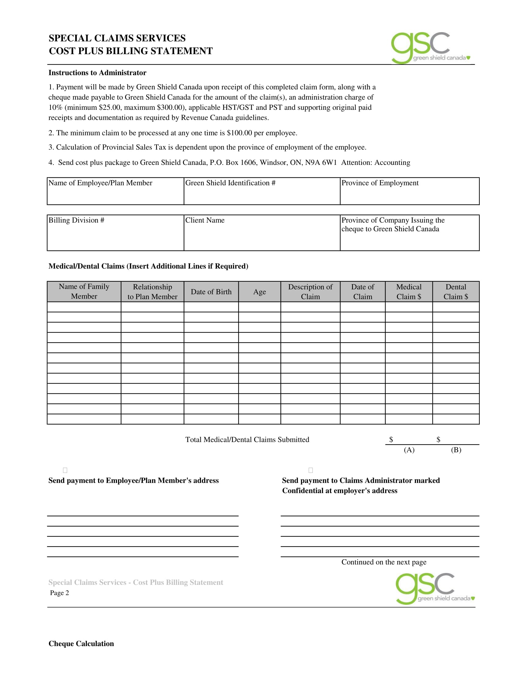 special claims billing statement form 1
