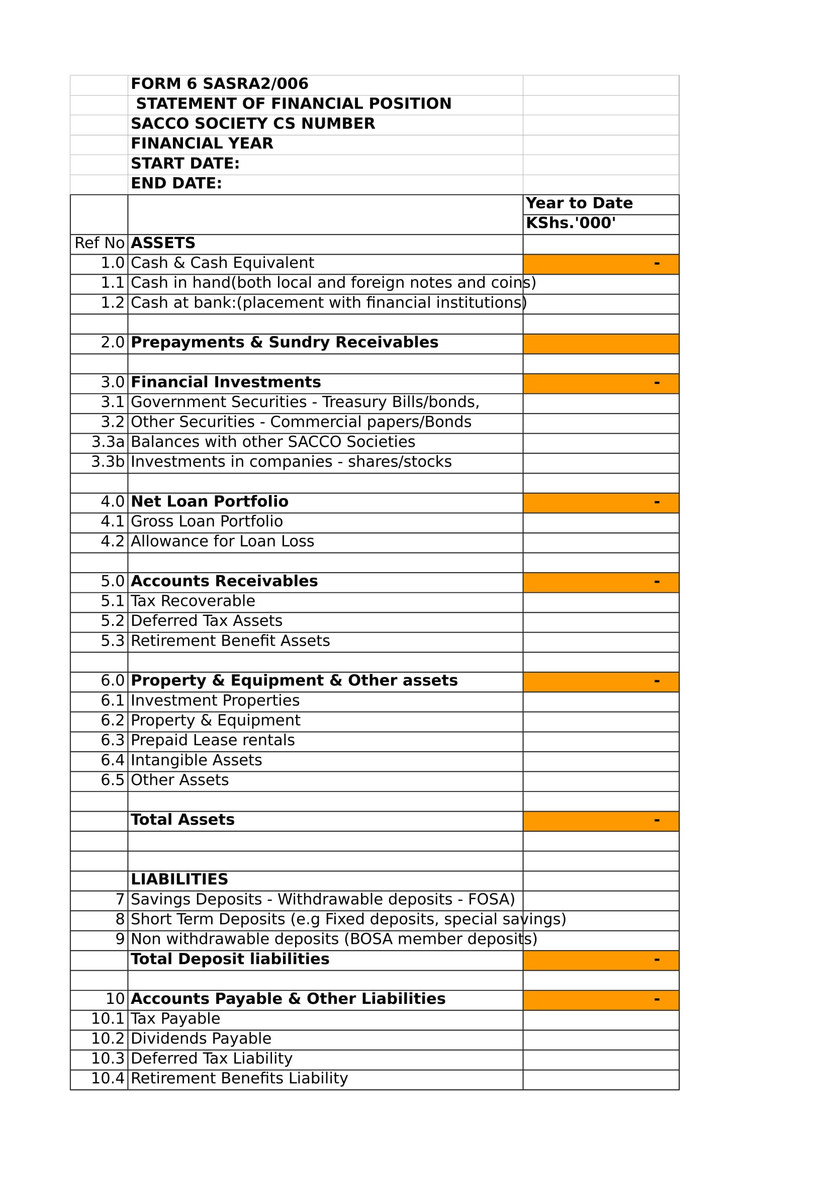 Statement Of Financial Position Excel Template