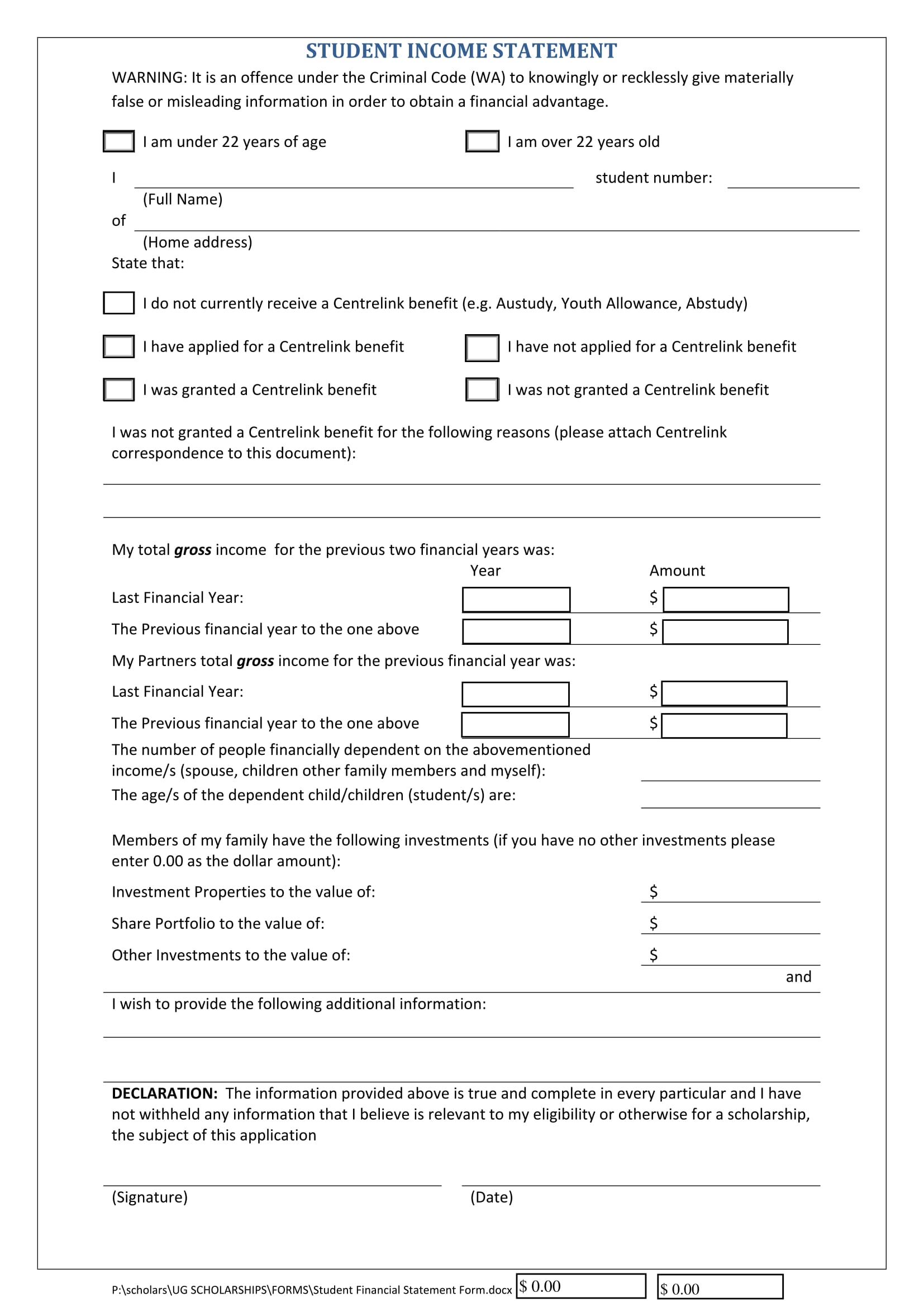 student income statement form 1