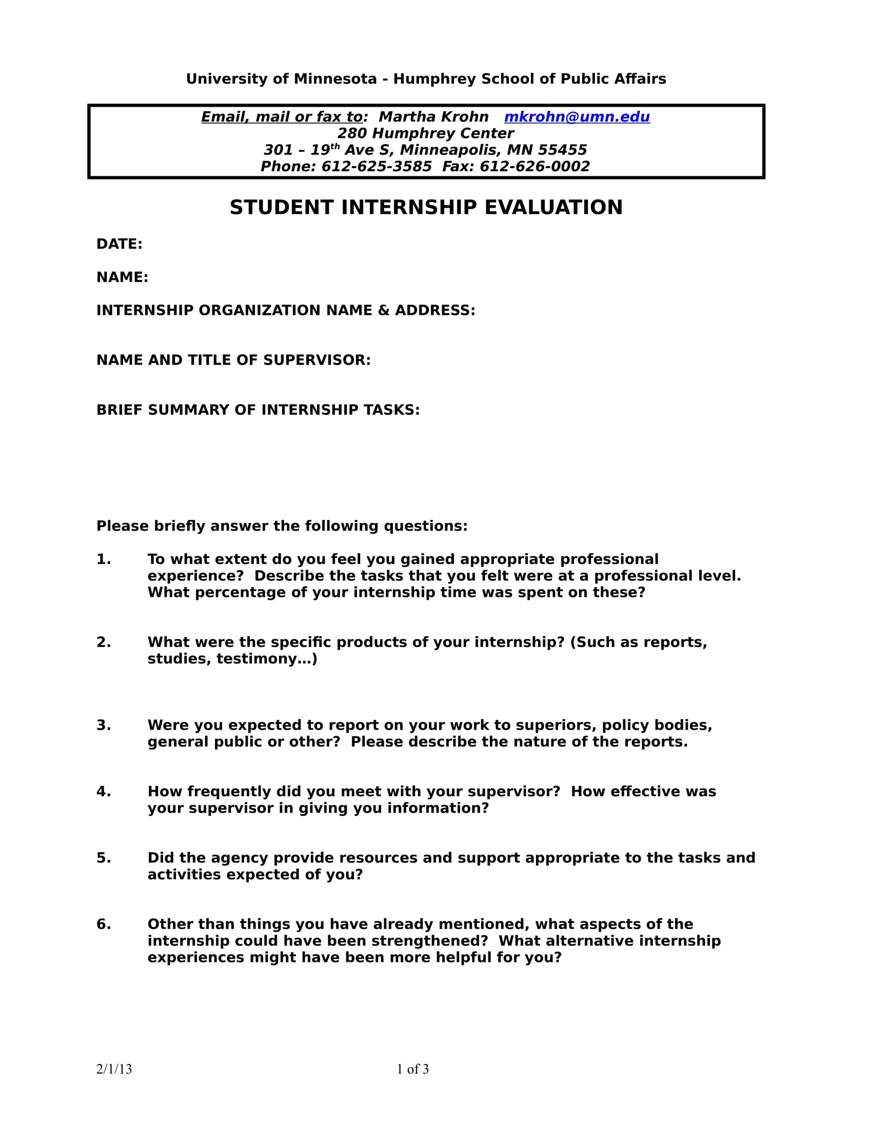 student internship evaluation form 1