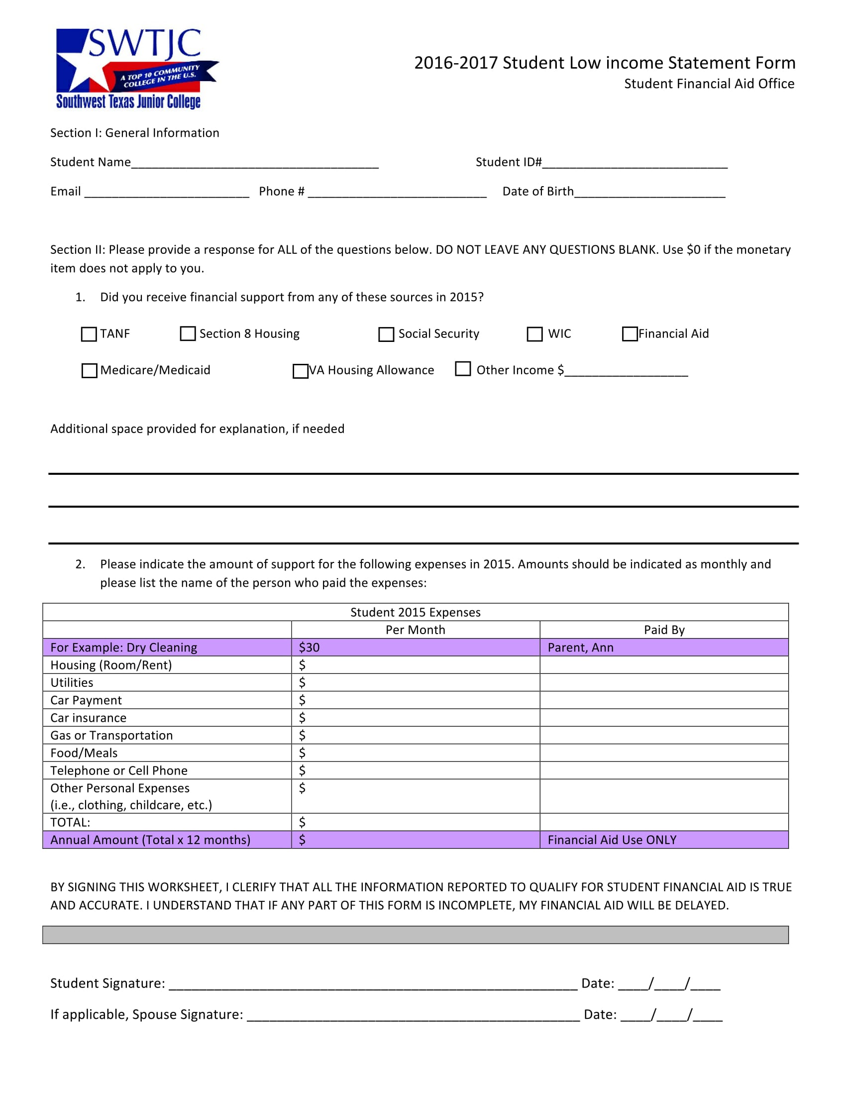 student low income statement form 1