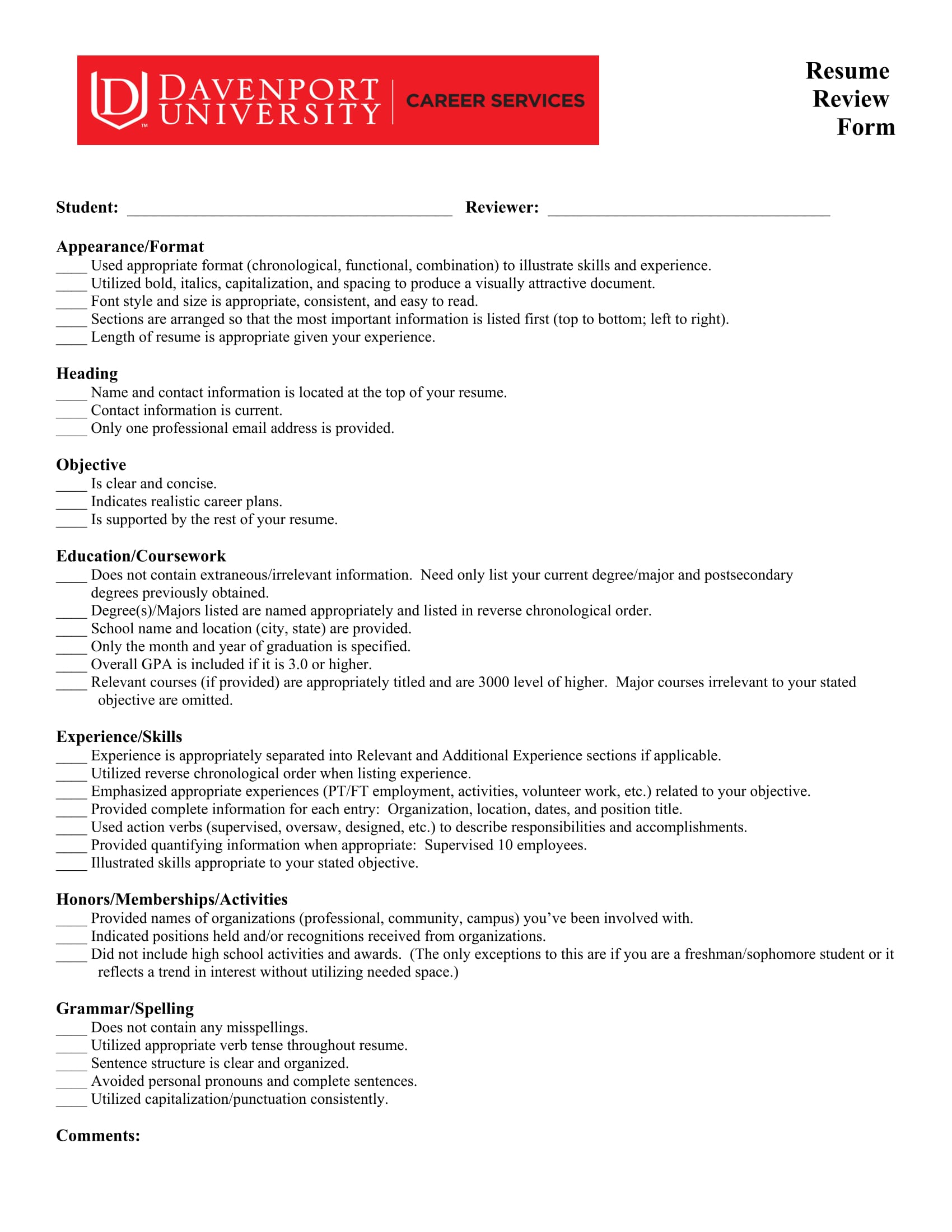 student resume review evaluation form 1