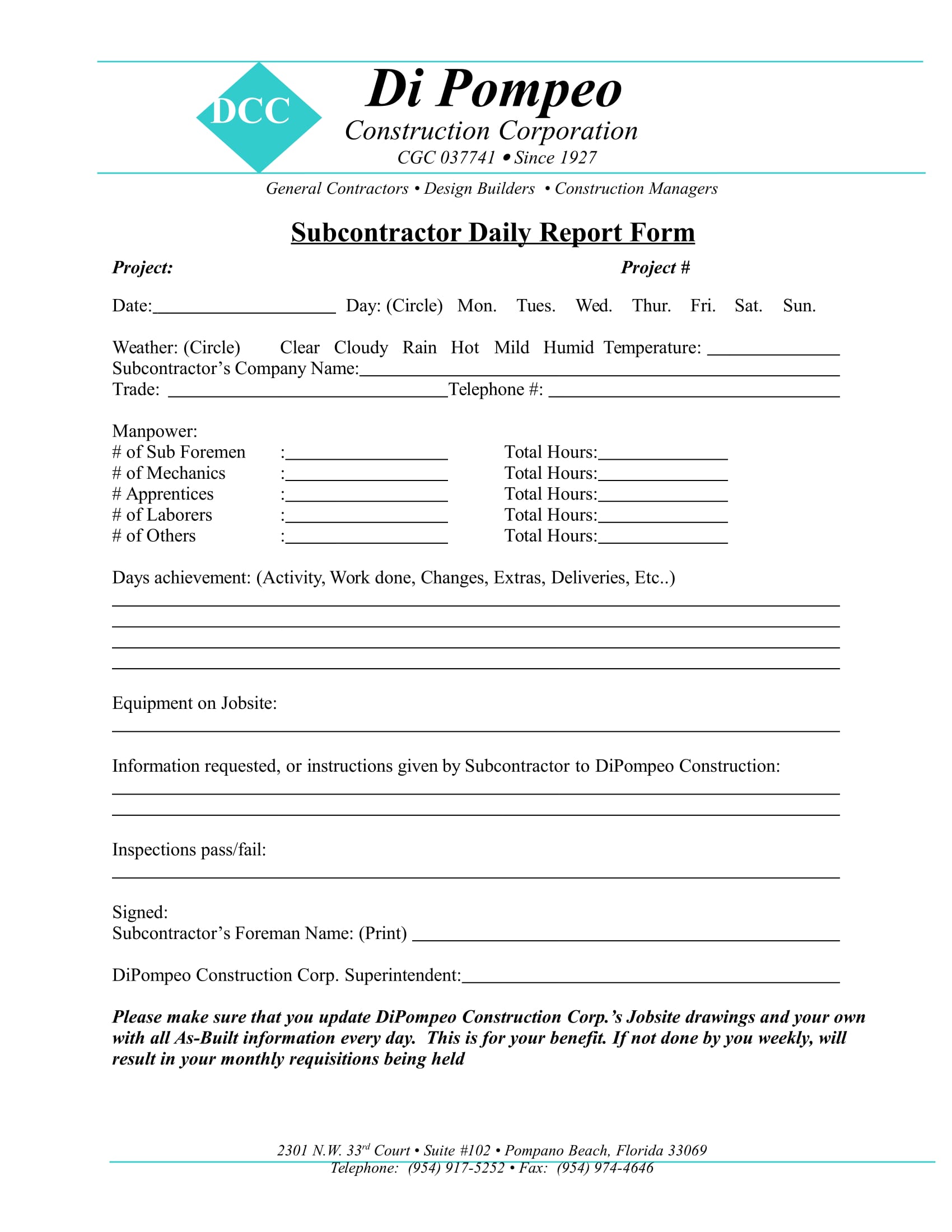 subcontractor daily report form 1