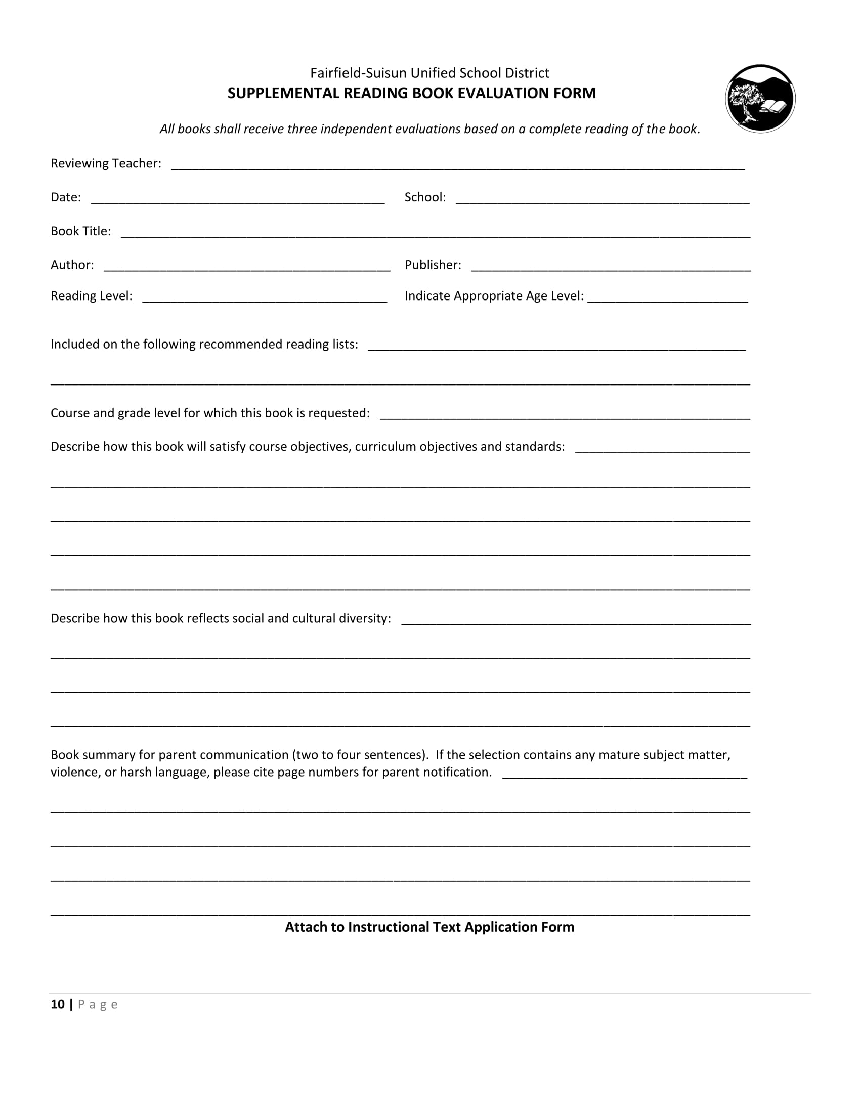 book report evaluation form