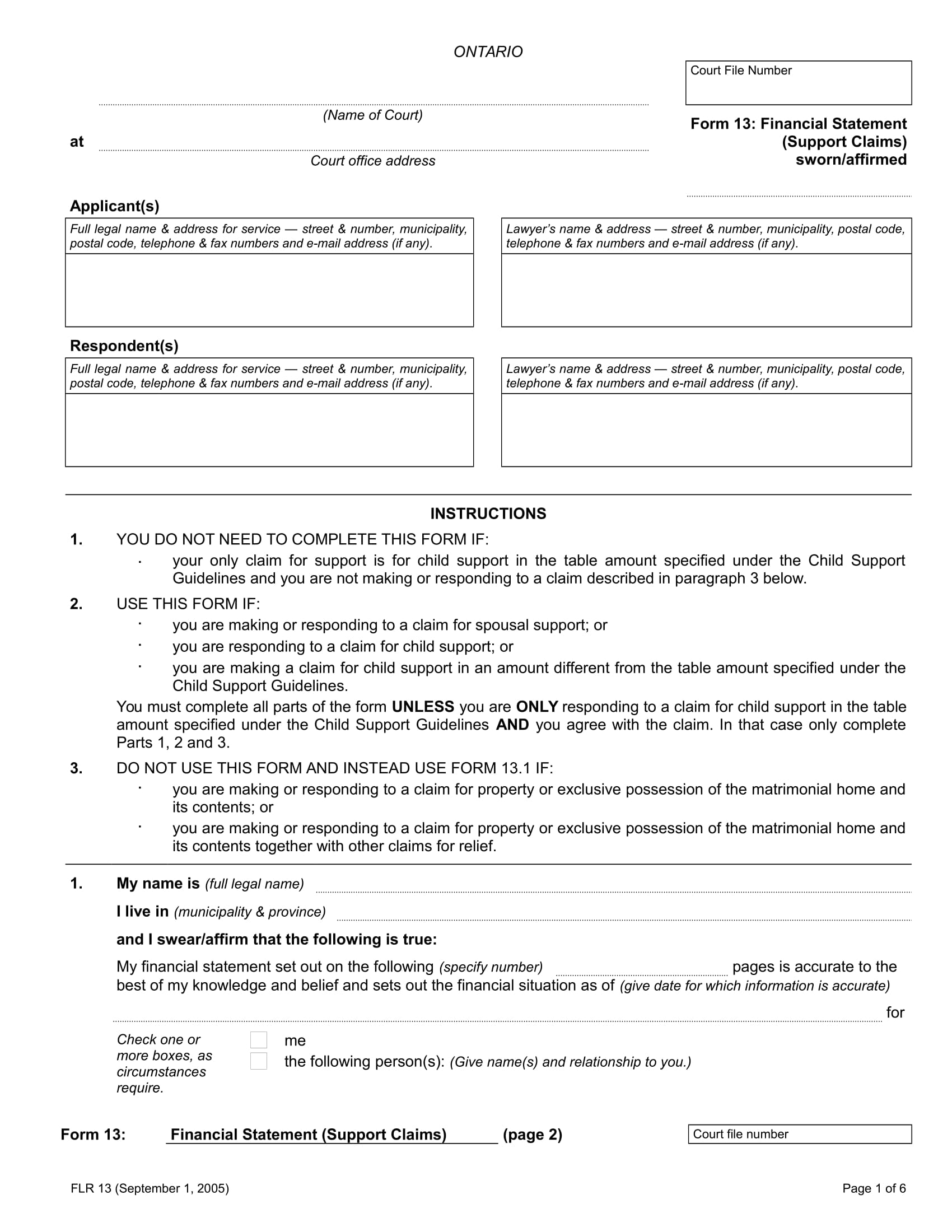 support claims financial statement form 1