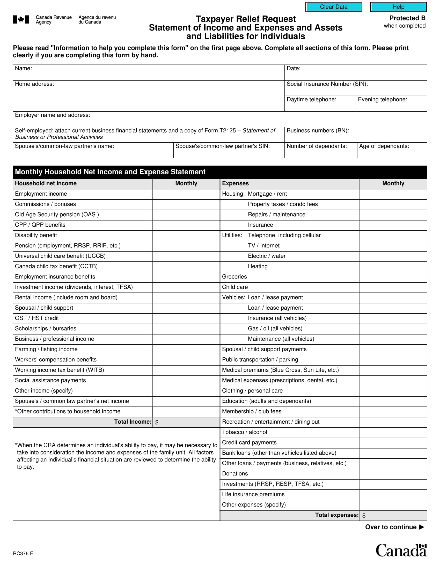 taxpayer relief request income statement form 2