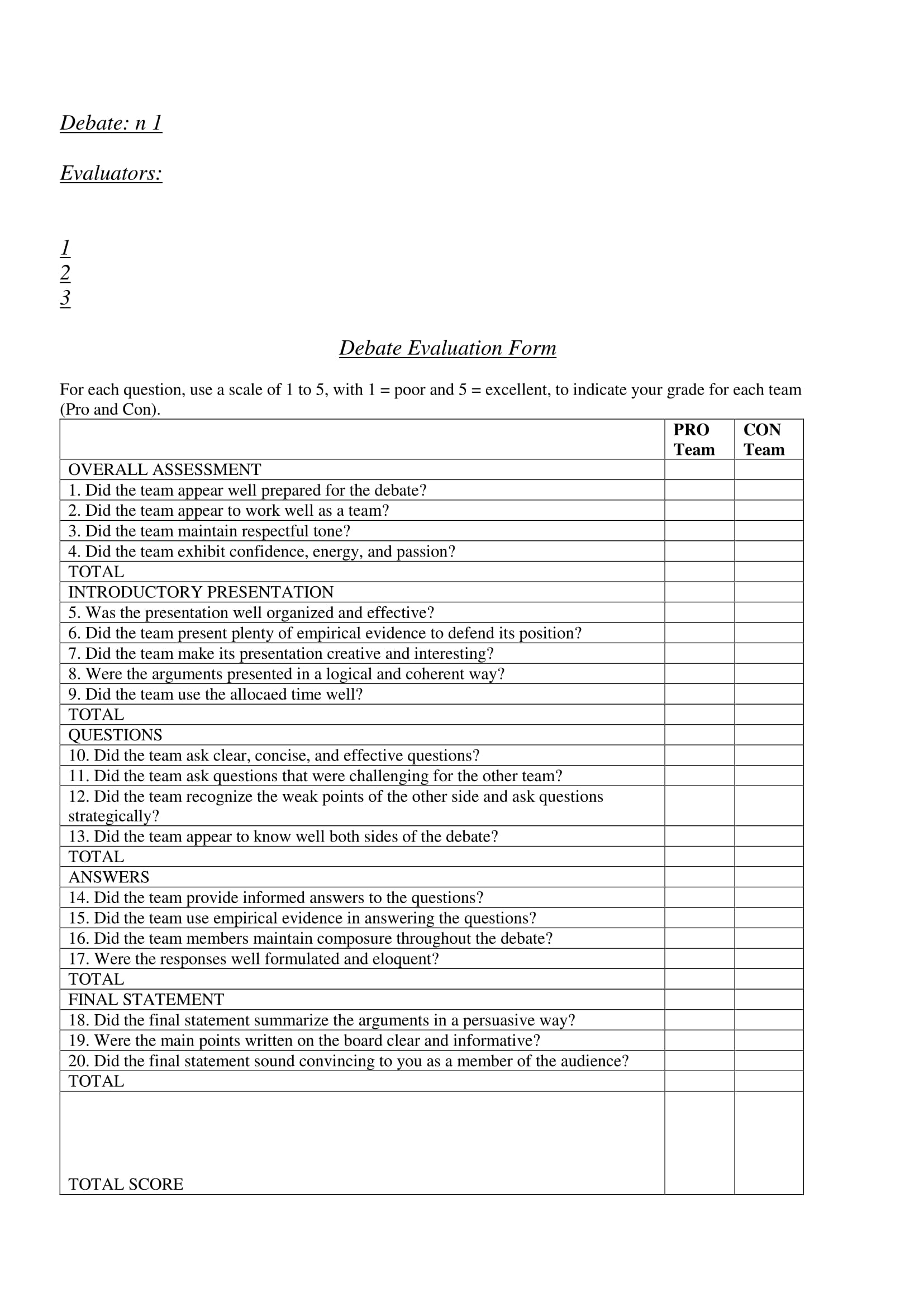 Free 14 Debate Evaluation Forms In Pdf Ms Word