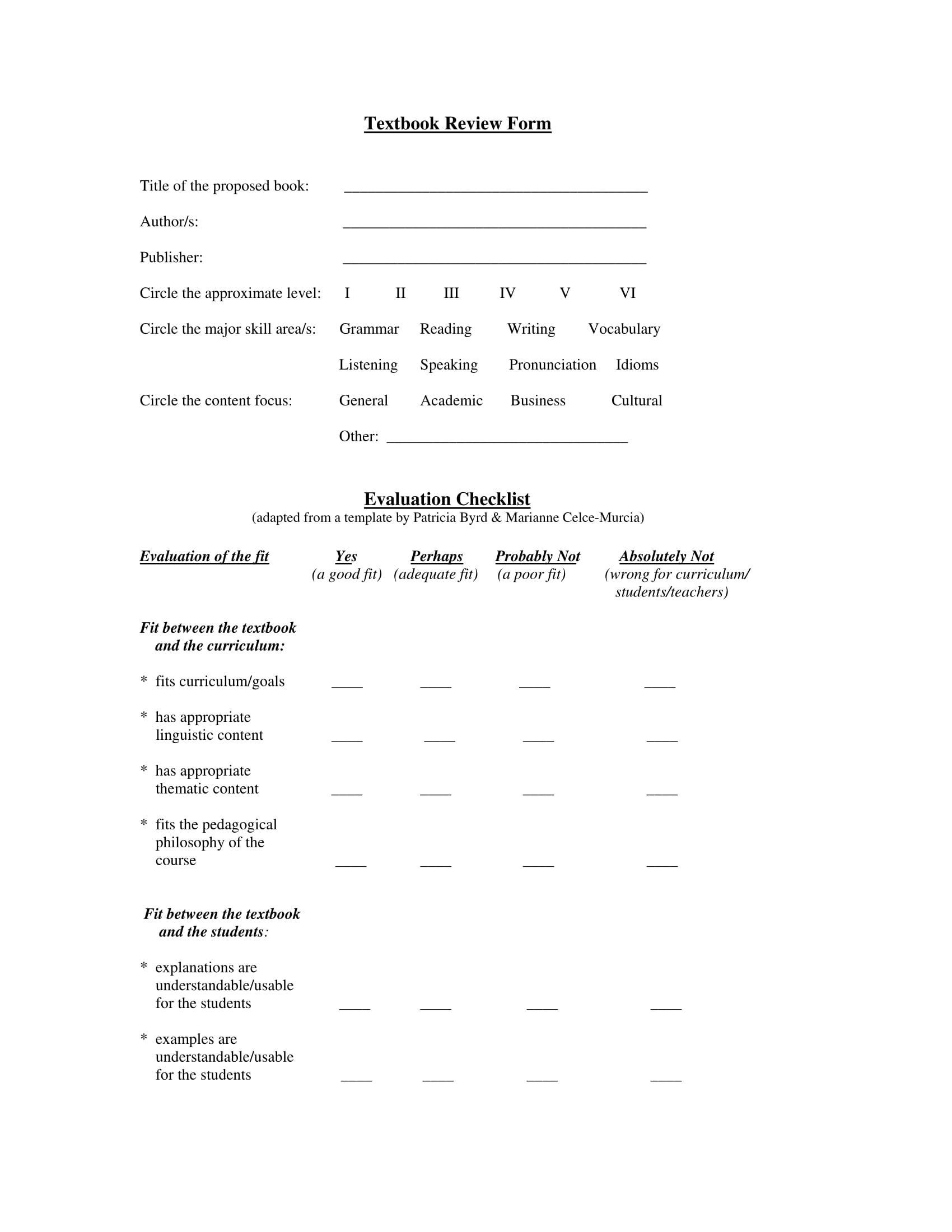 textbook evaluation checklist form 1