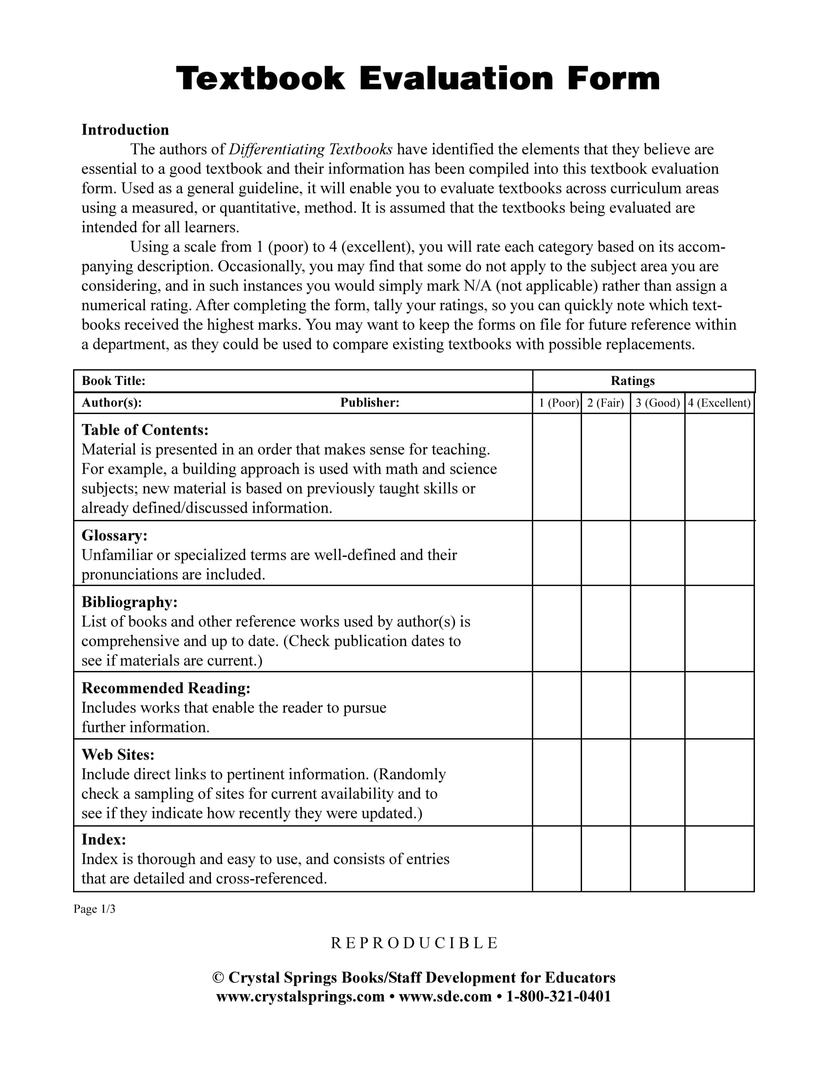 textbook evaluation form sample 1