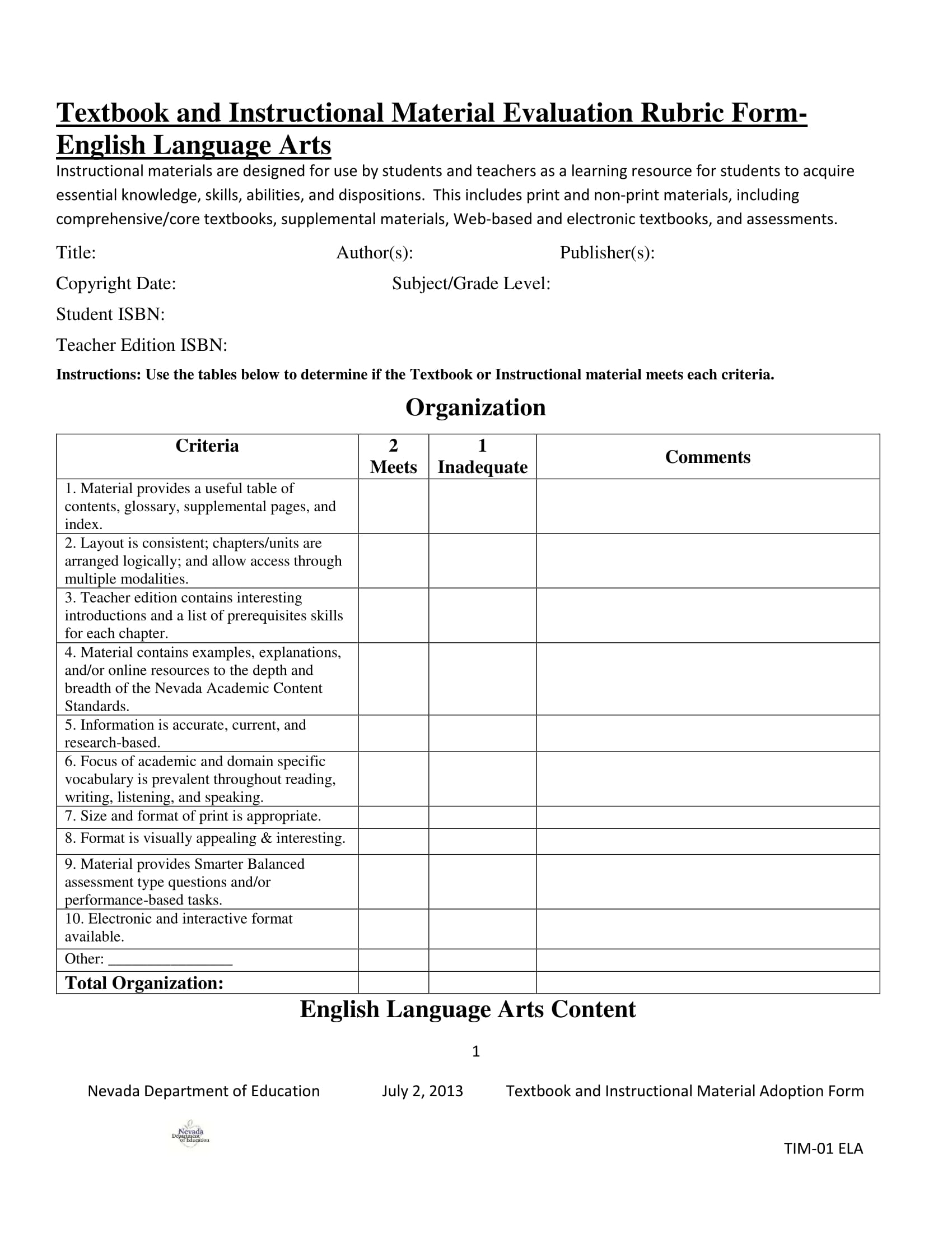 textbook evaluation rubric form 1
