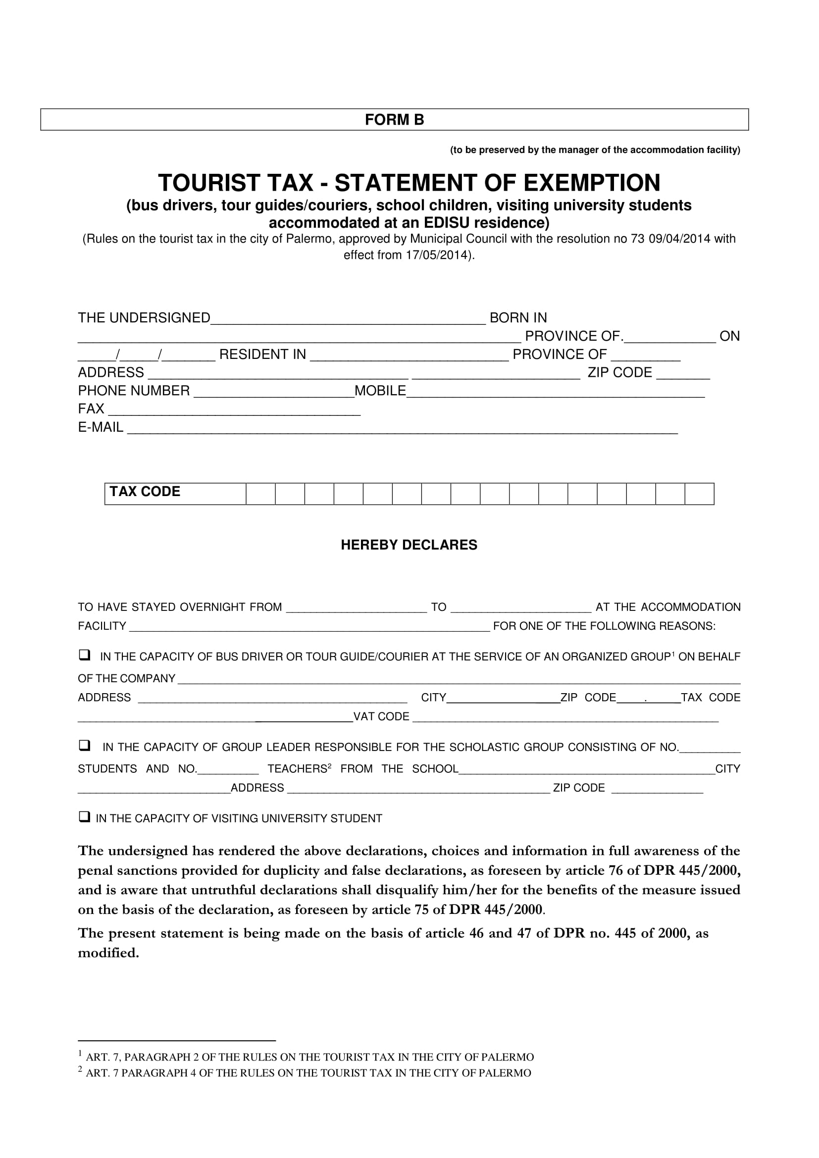 tourist tax statement of exemption 1