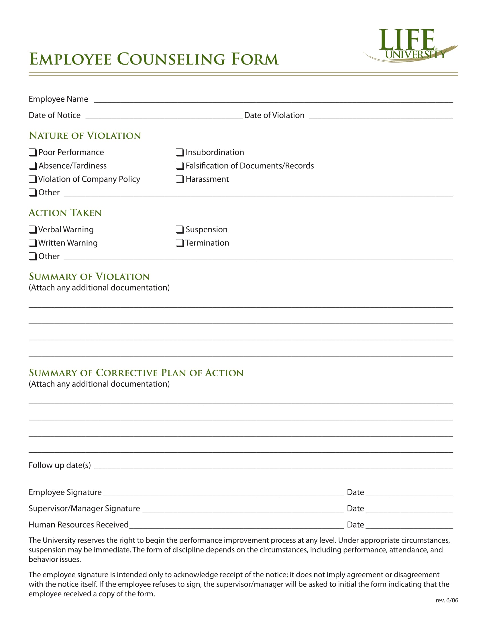 university employee counseling statement form 1