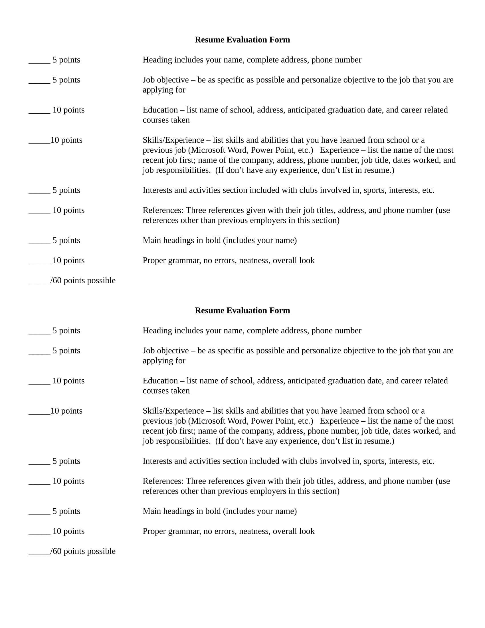 Resume Review Parameters Example FREE 18+ Resume Evaluation Form Samples, PDF, MS Word, Google Docs