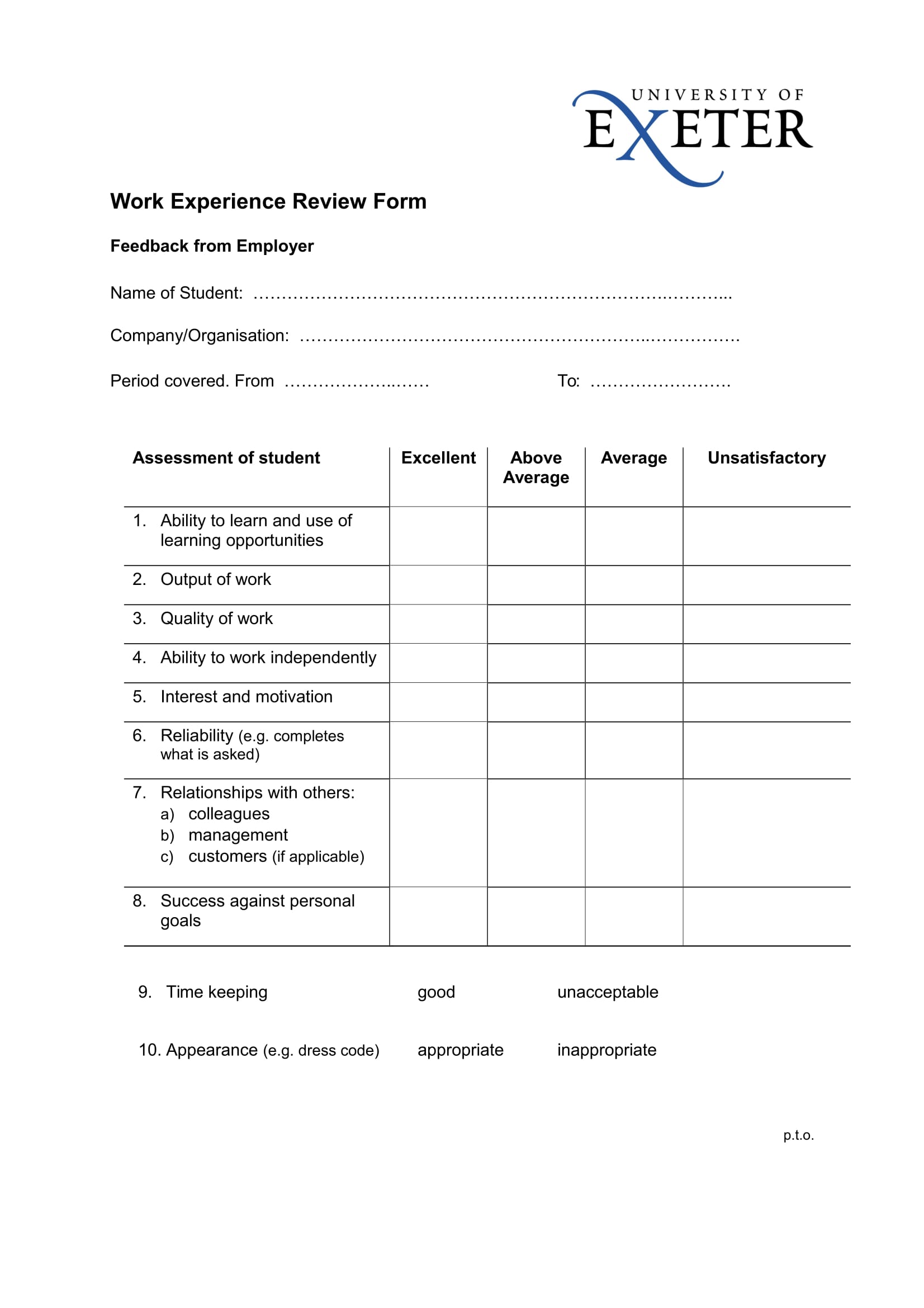 work experience review form 1