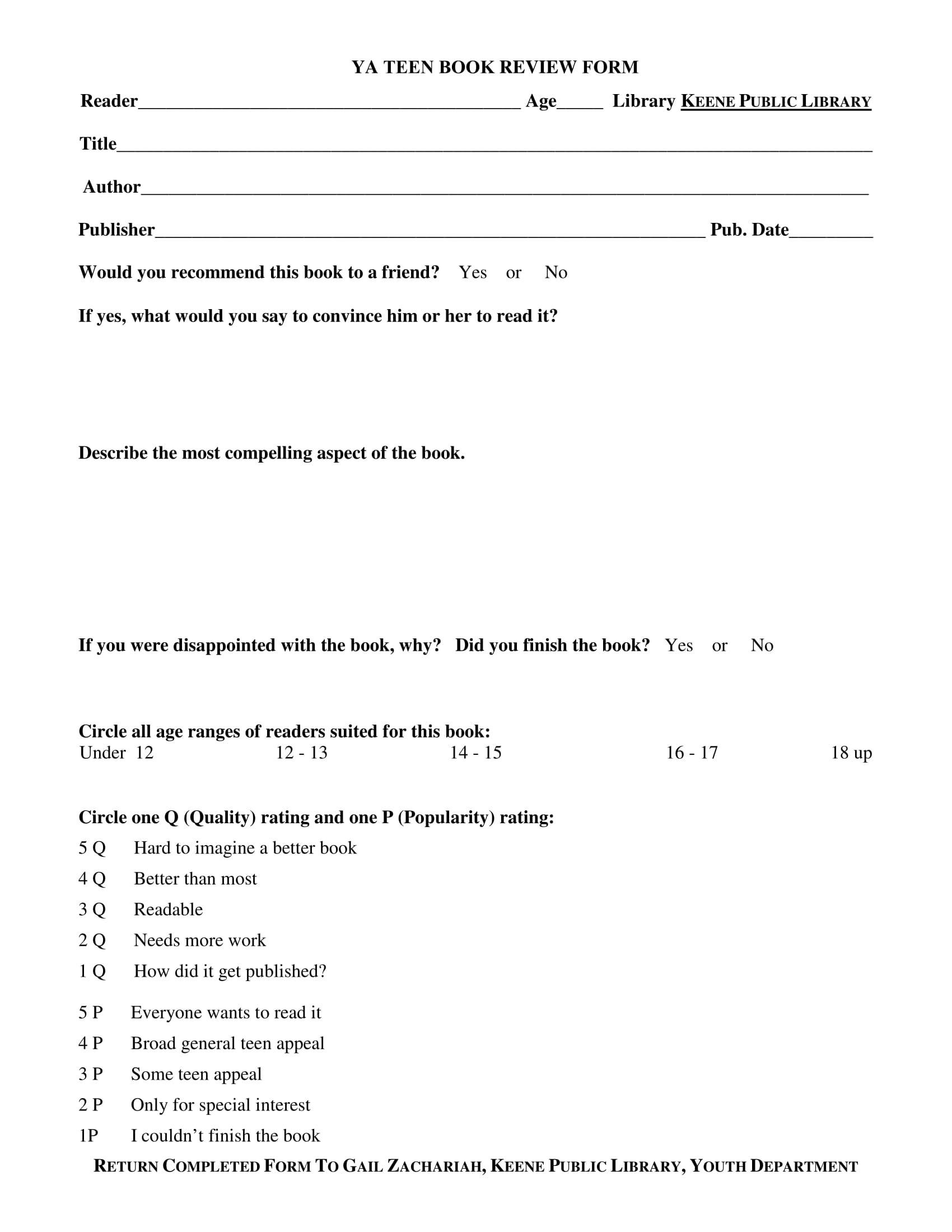 young adult book review evaluation form 1