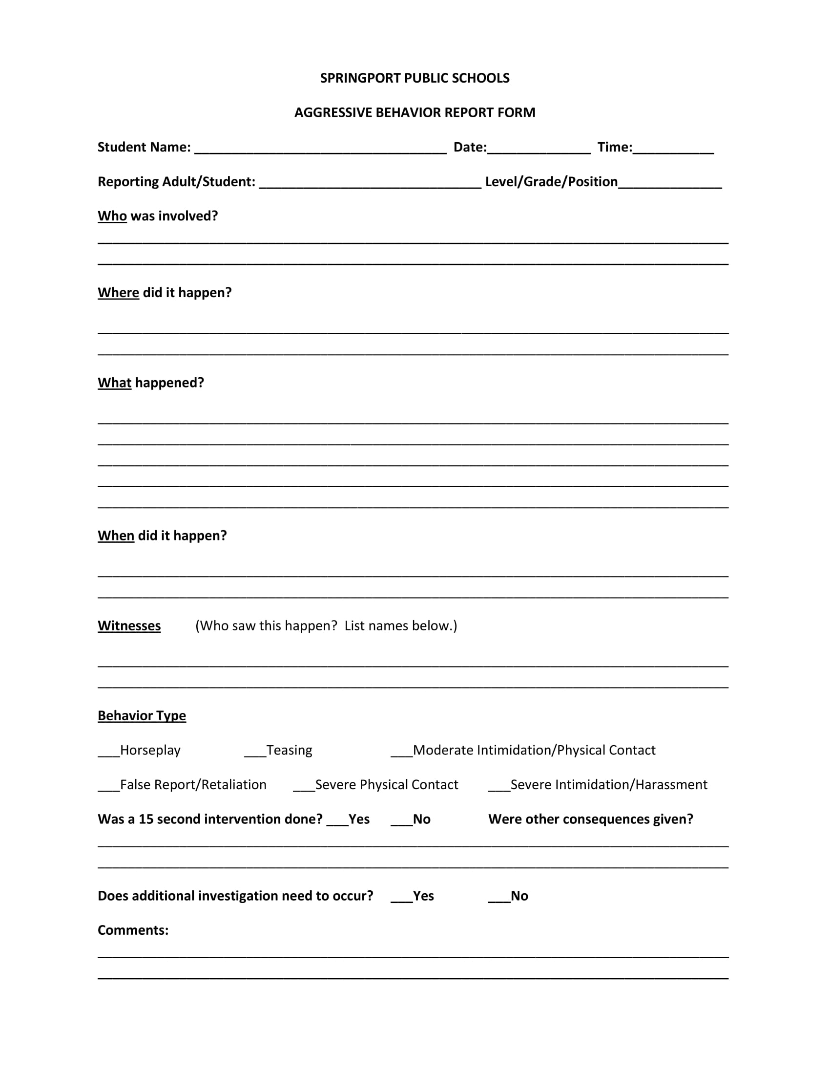 aggresive behavior report form 1