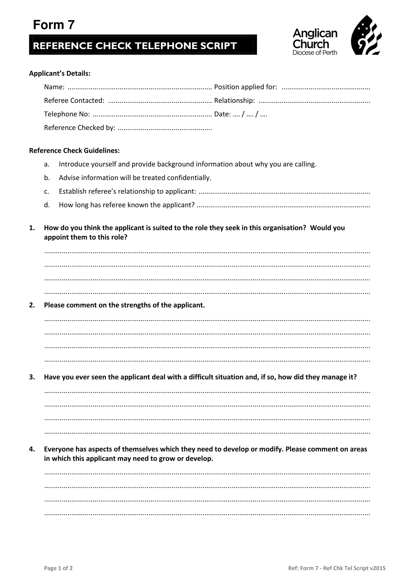 applicant reference check telephone script form 1