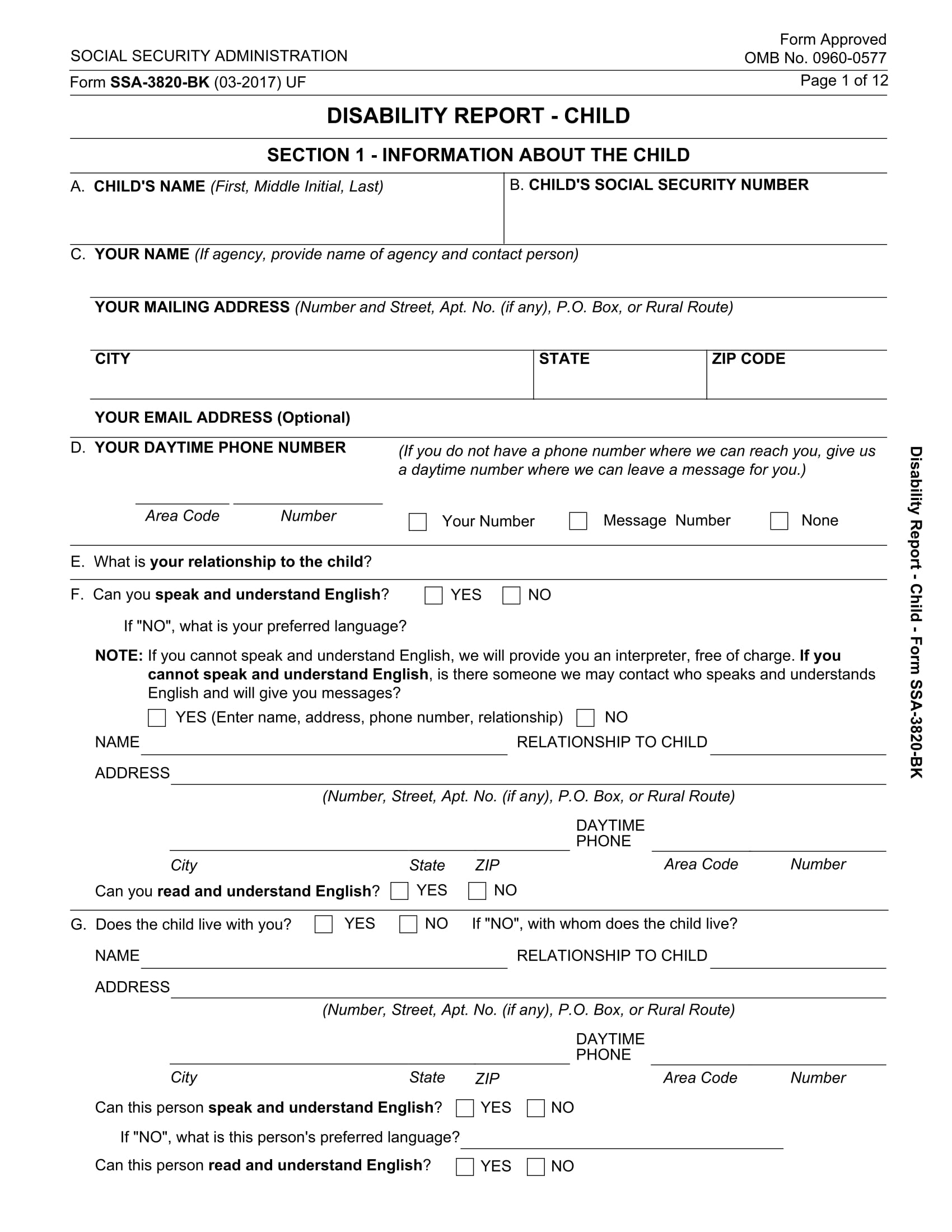 child disability report form 03