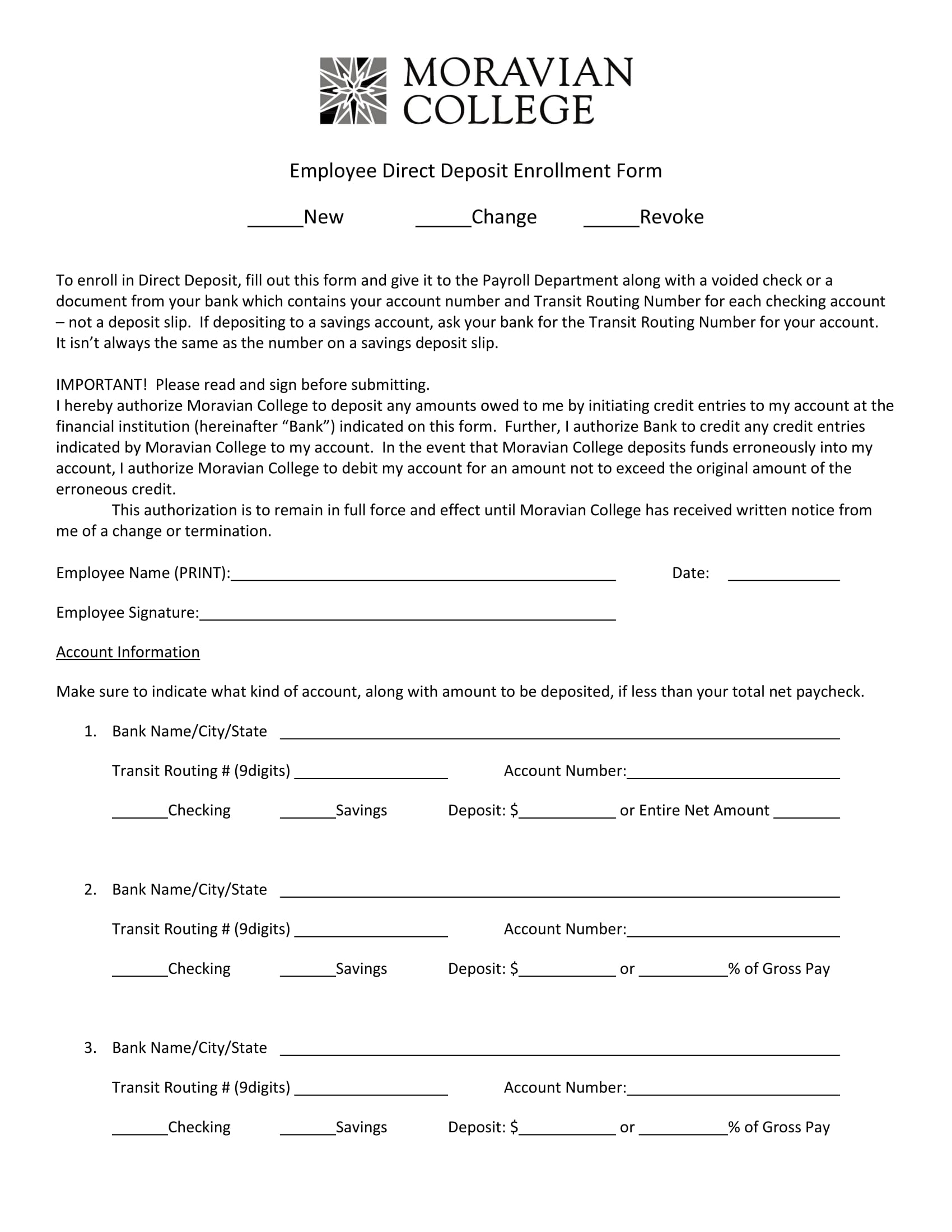 college employee direct deposit enrollment form 1