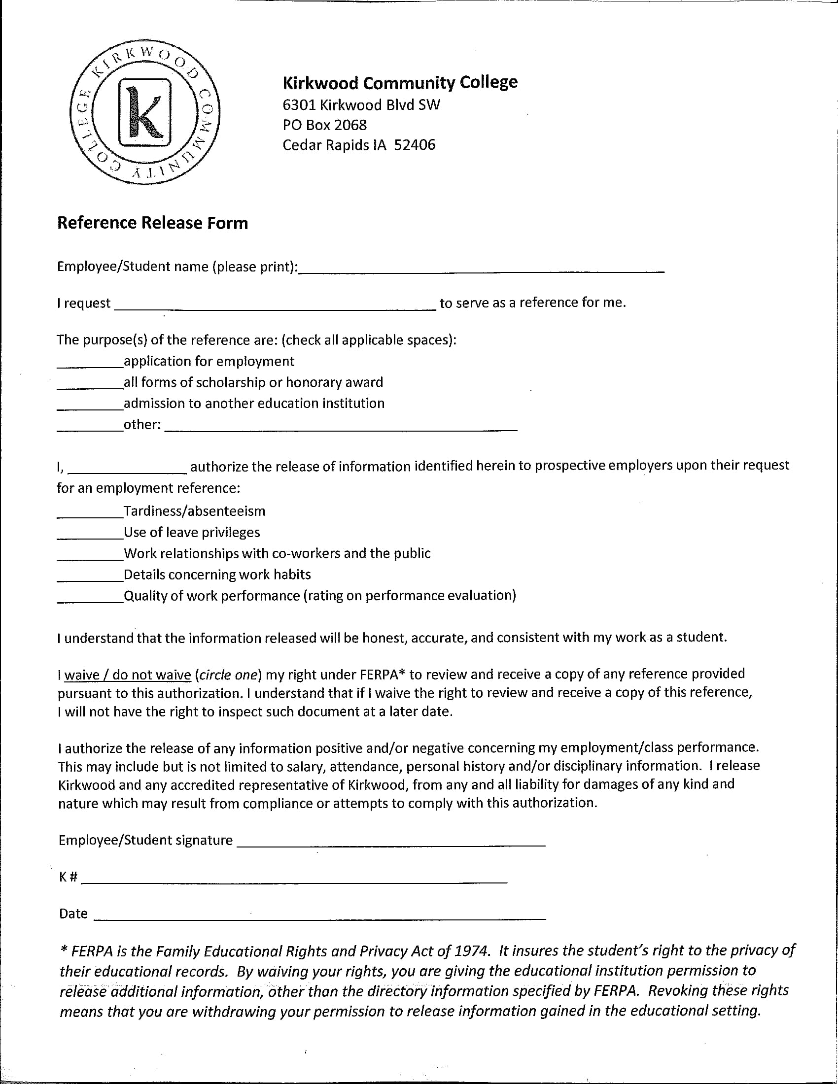 college employee reference release form 1