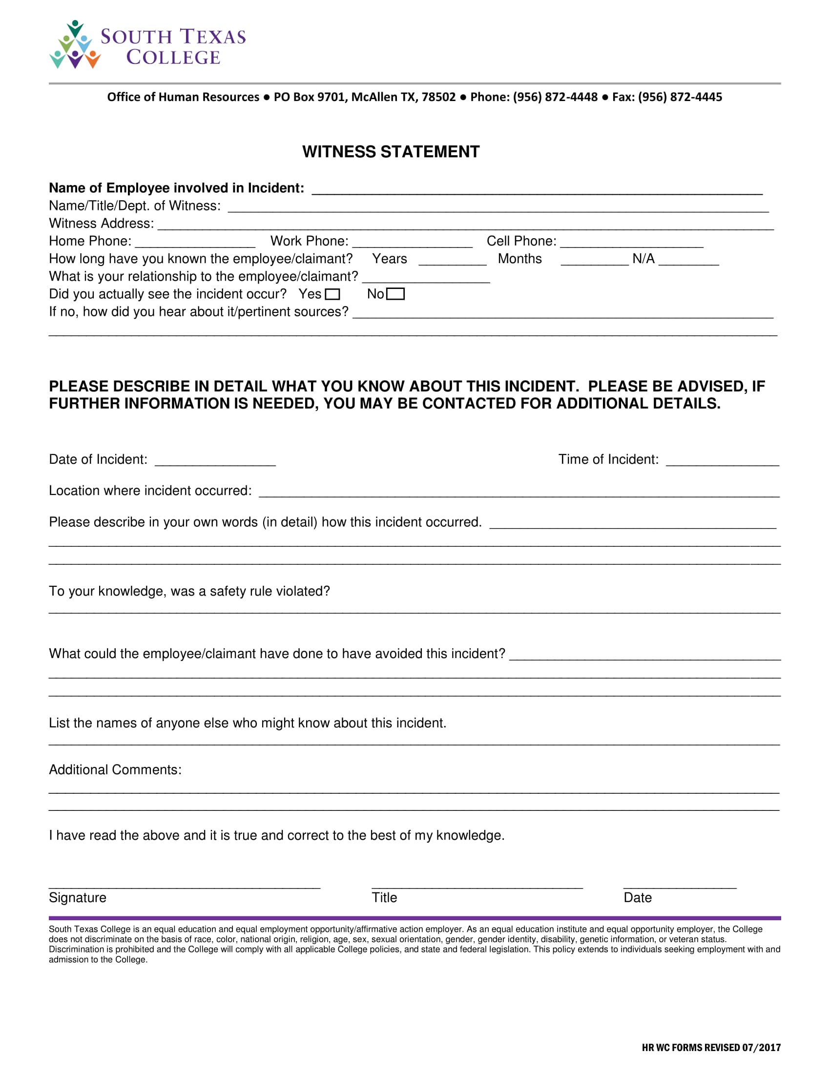 college employee witness statement form 1