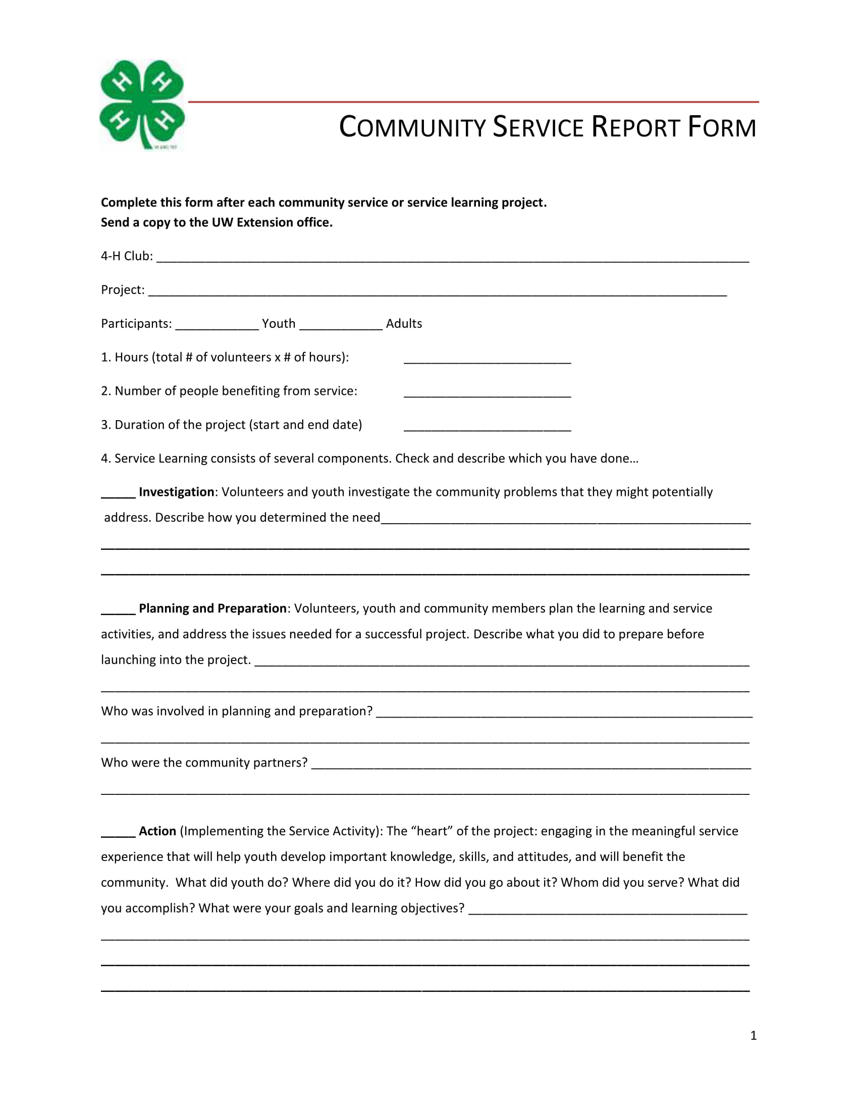 community project service report form 1