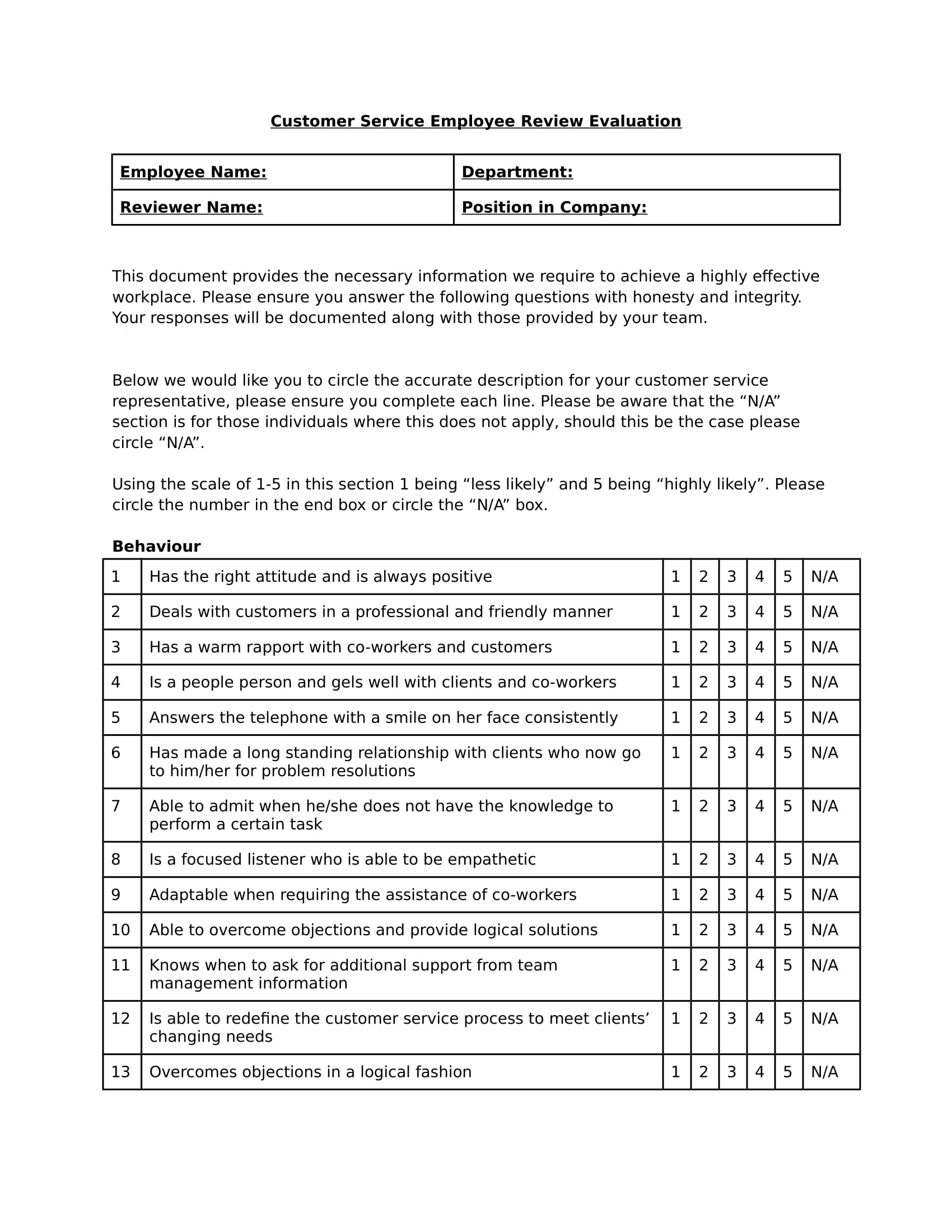 Customer service employee evaluation form pdf