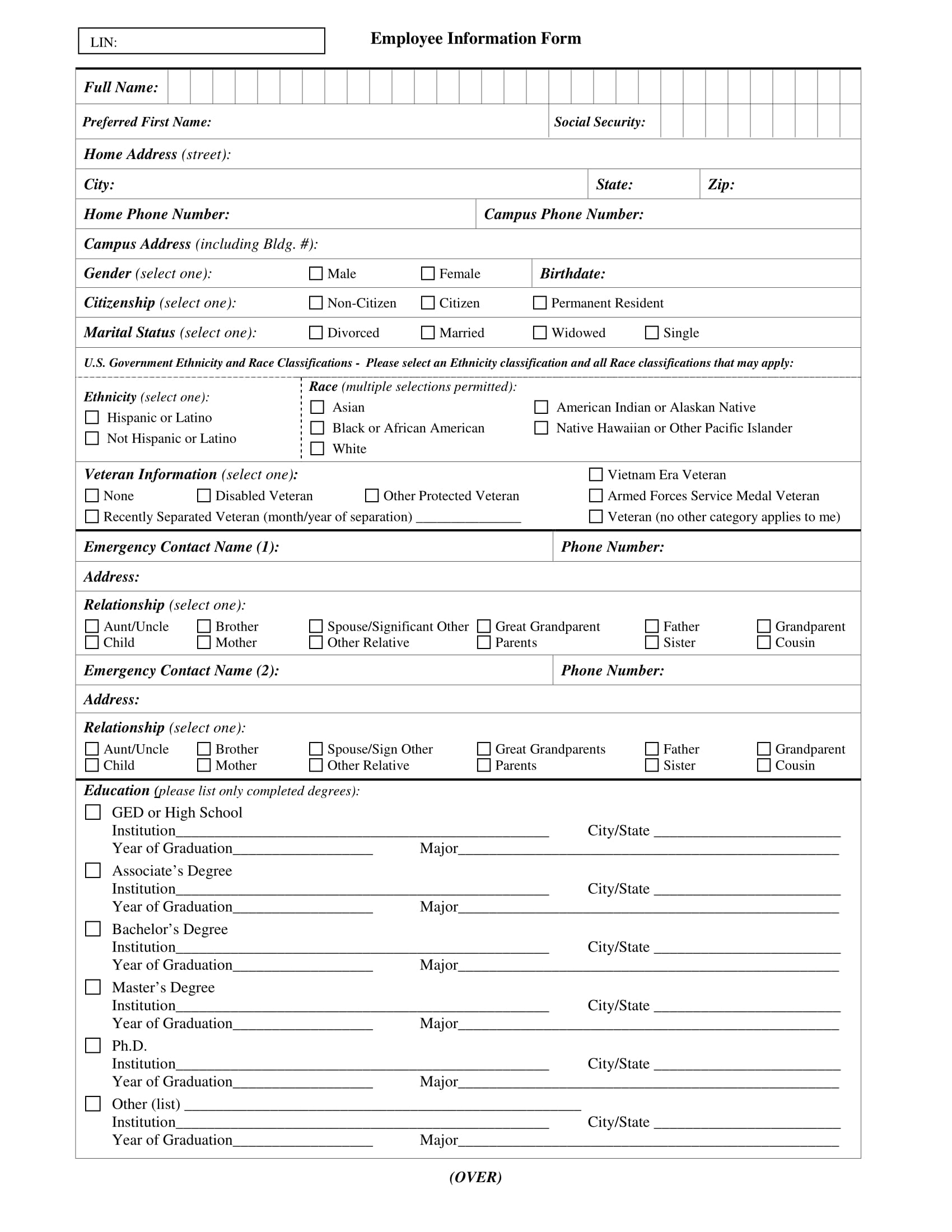 Printable Employee Information Form Printable Forms Free Online