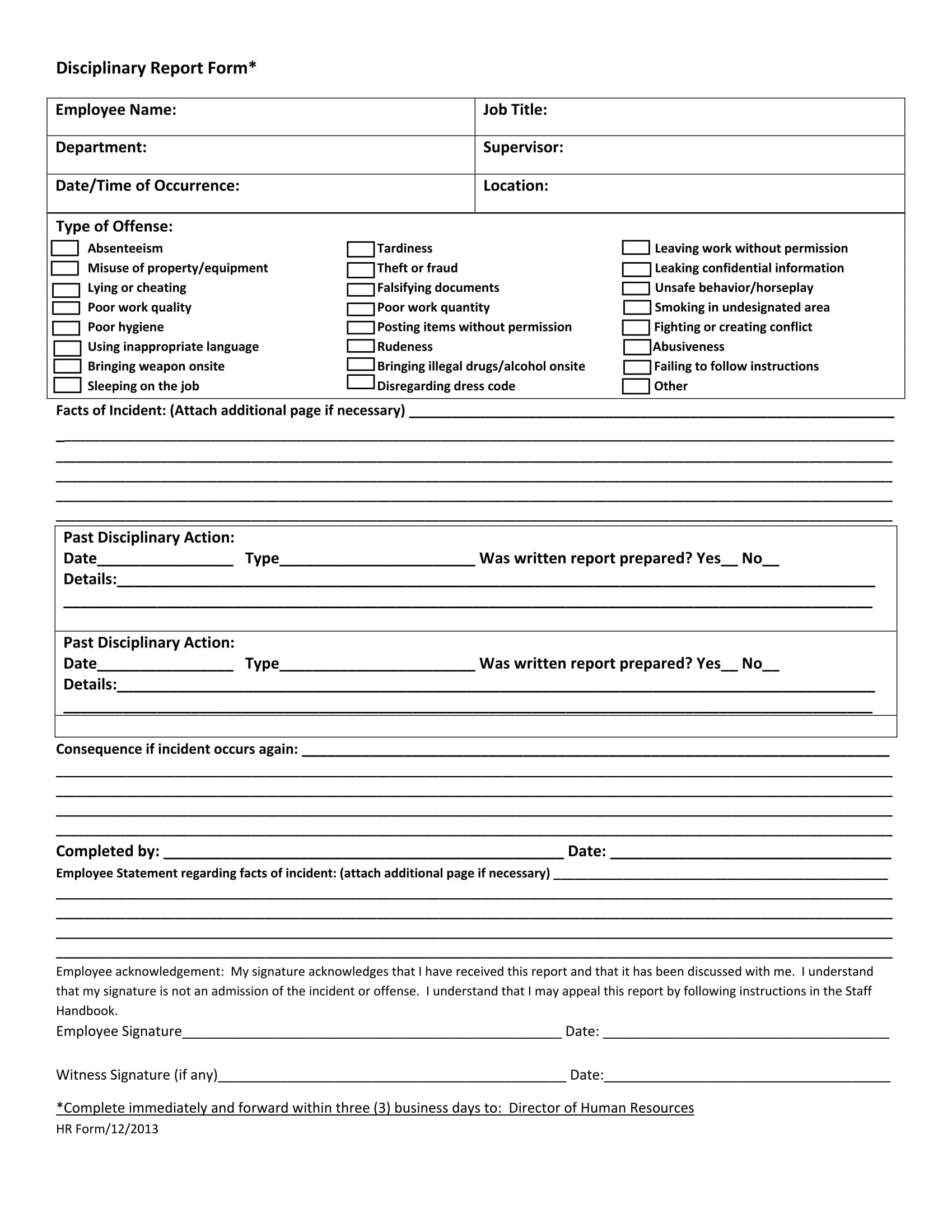 employee disciplinary report form 1