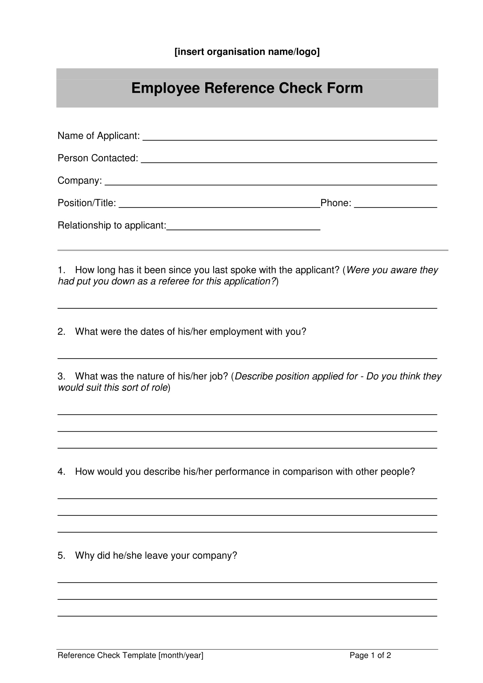 employee reference check form 1