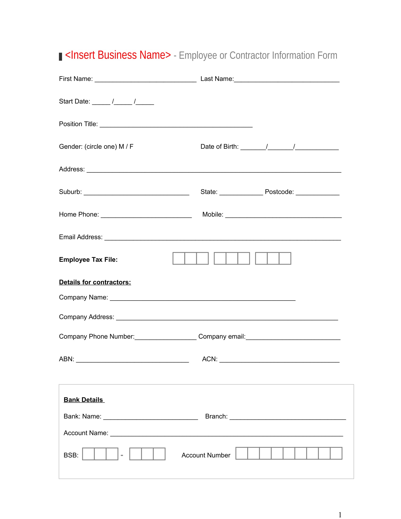 employee or contractor information form 1