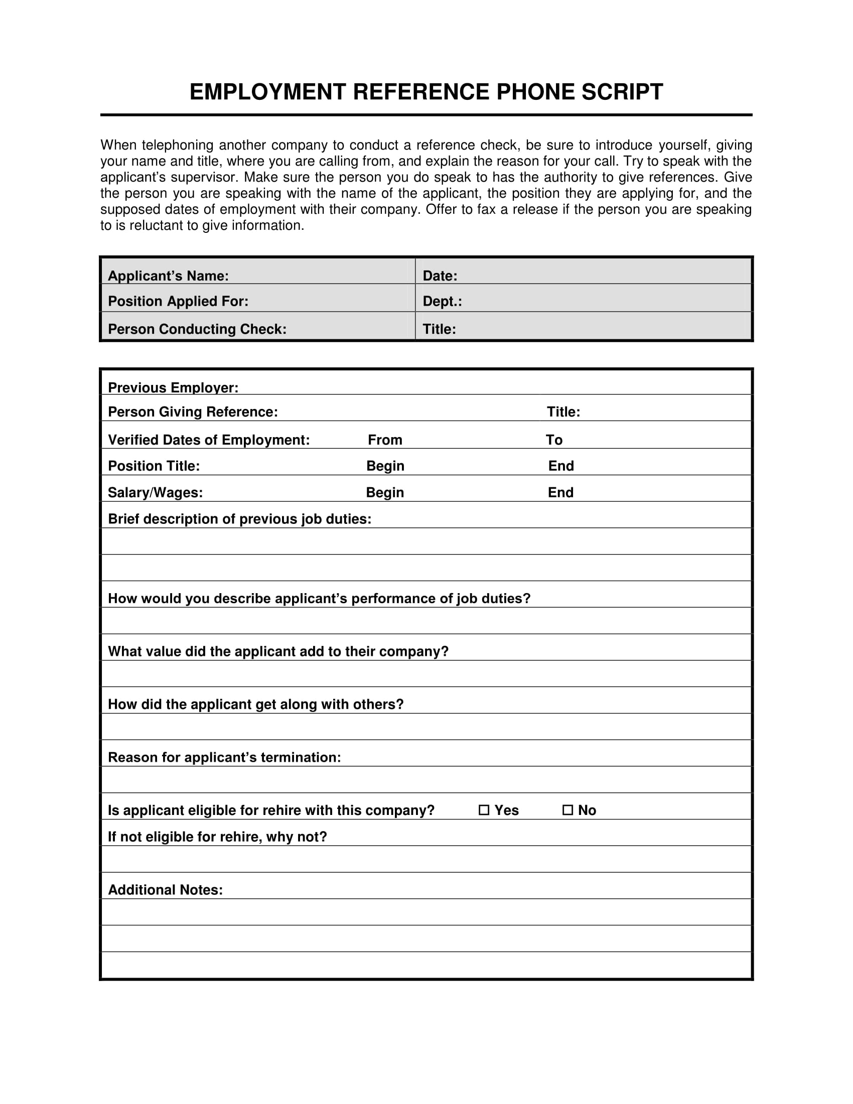 employment reference phone script form 1