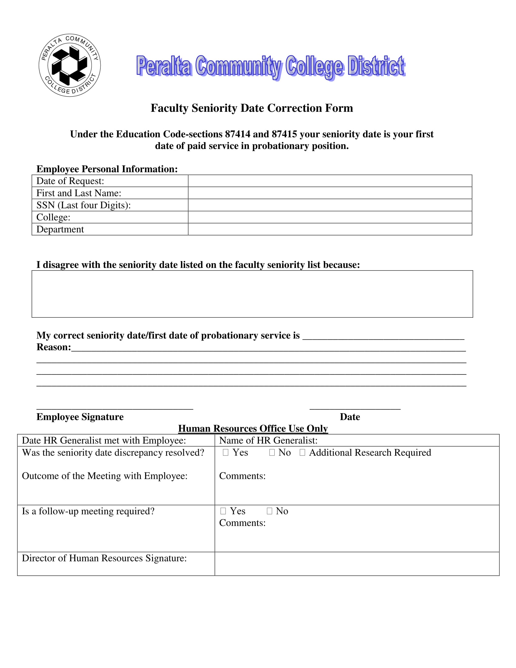 faculty employee seniority date correction form 1