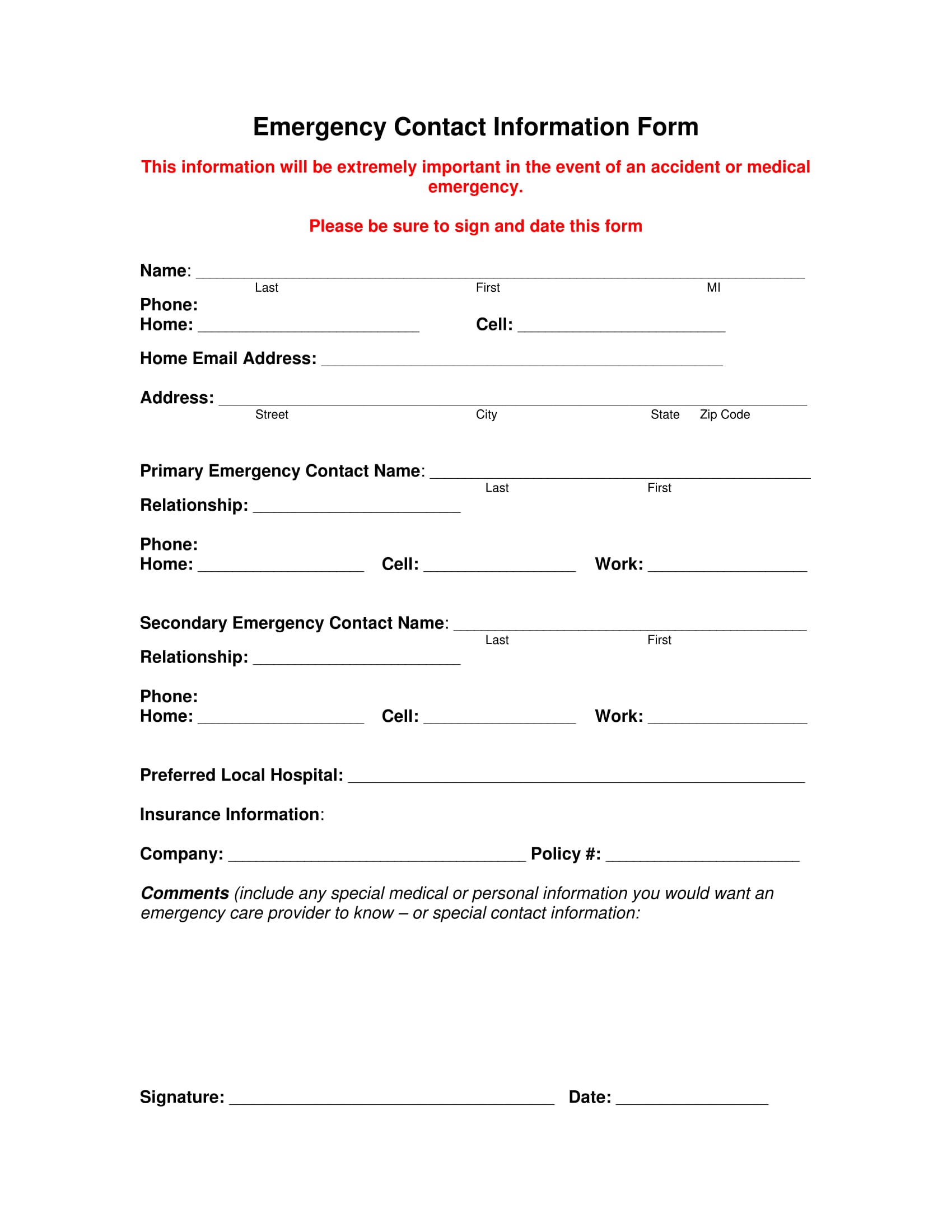 Fillable Emergency Contact Form Printable Forms Free Online