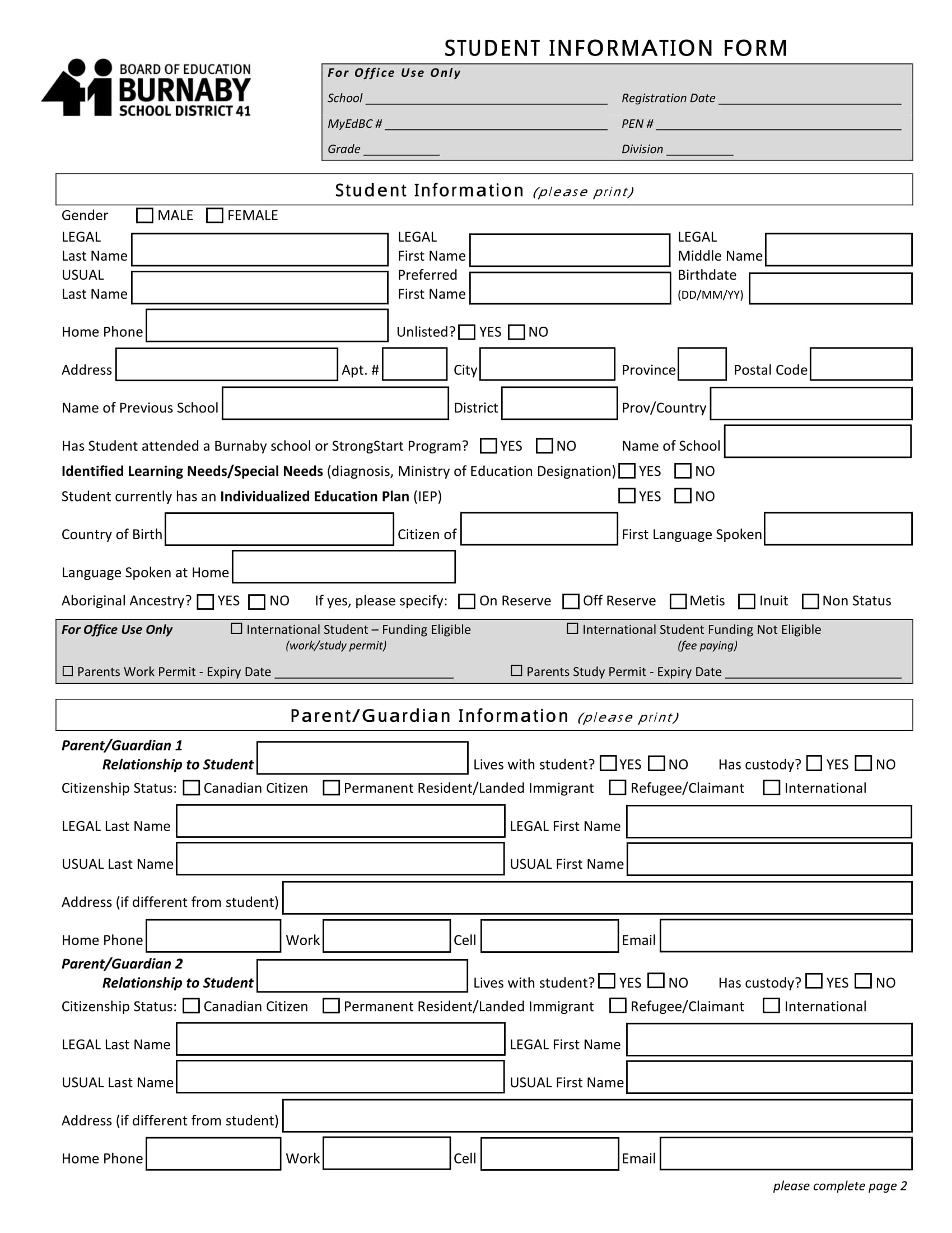 fillable student information form 1