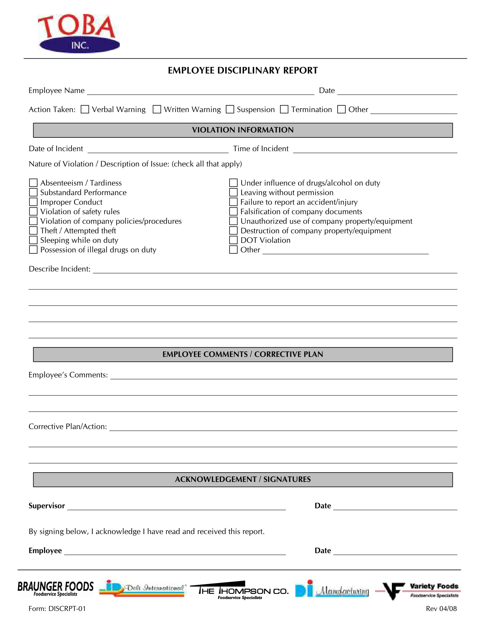 form for employee disciplinary report 1