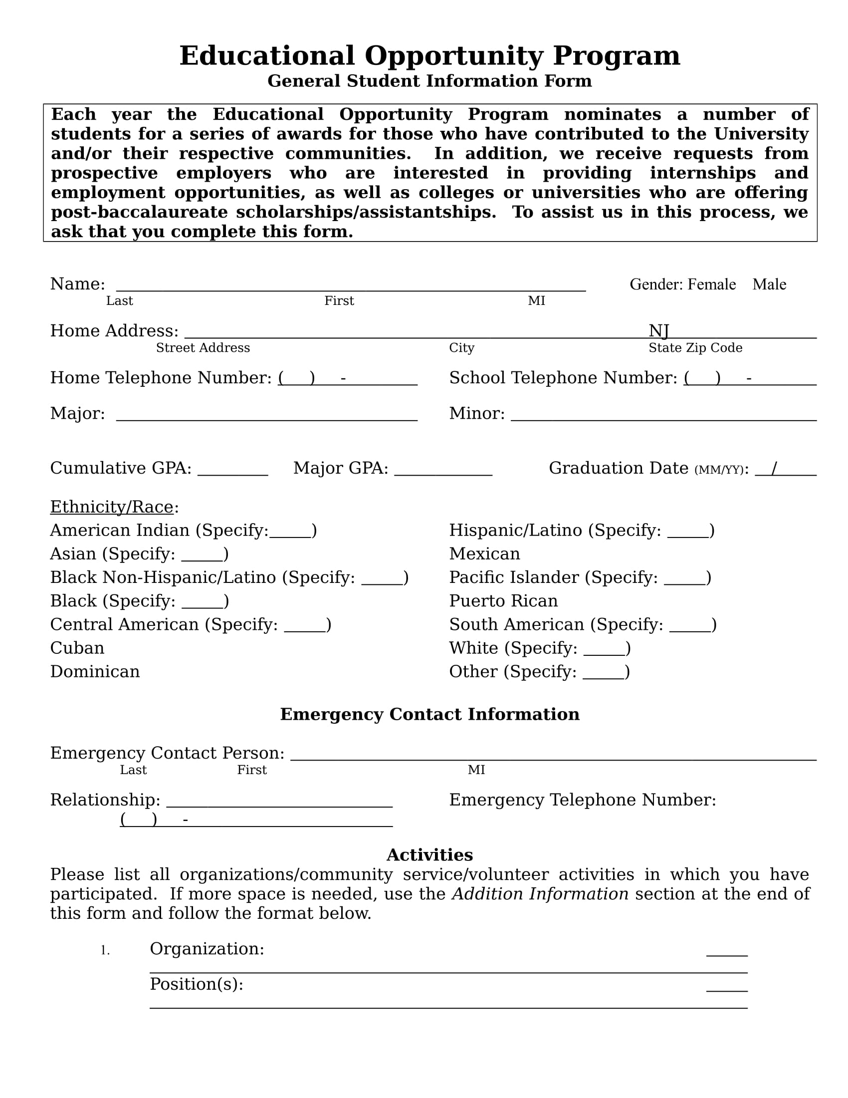 general student information form 1